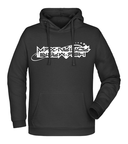 Schwarzer Hoodie mit weißem „Maximale Ehrlichkeit“-Schriftzug in futuristischer Schriftart und Kapuze mit Kordelzug.

