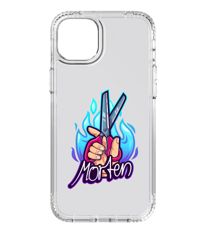 Transparente Handyhülle mit flammendem Scherenlogo und „Morten“-Schriftzug – stylisches Accessoire für Fans des Clash Royale Pros.

