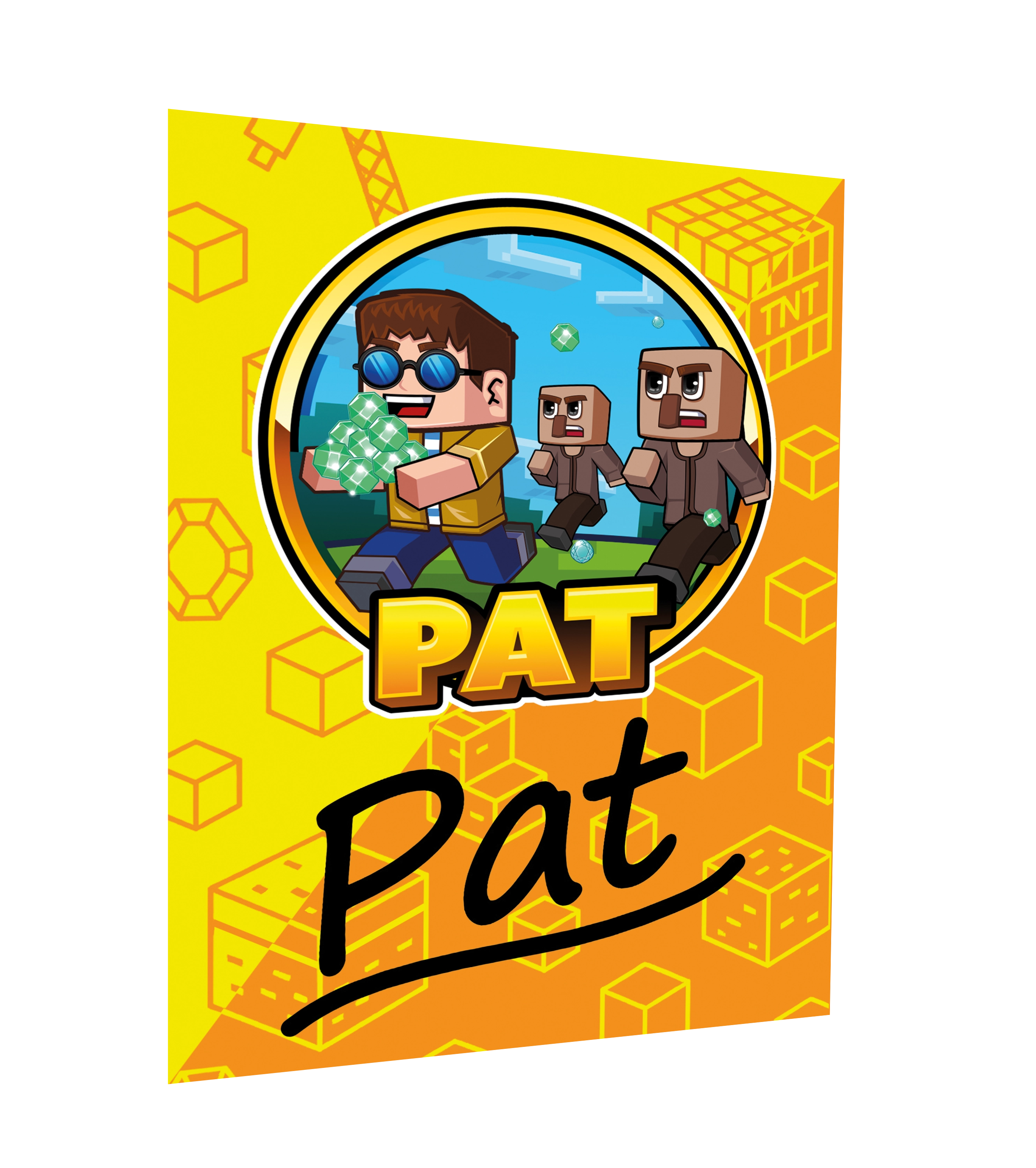 Autogrammkarte von Pat mit gelb-orangenem Hintergrund und Würfelmustern. Im Mittelpunkt das Pat-Logo mit Comic-Stil, das Pat mit Diamanten und zwei verfolgenden Figuren zeigt. Unten die schwarze Handschrift-Signatur „Pat“. Ein Sammlerstück für Fans.