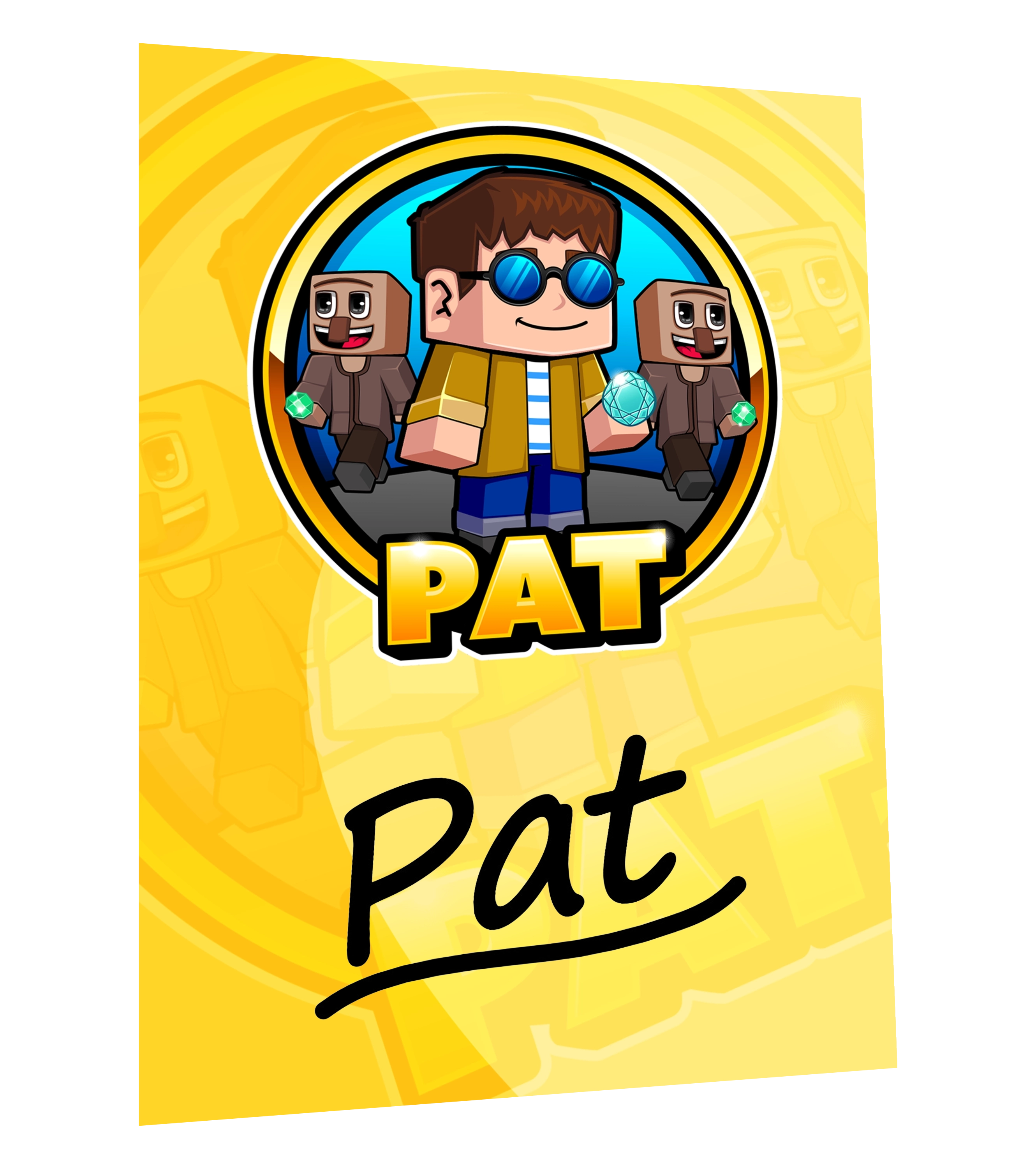 Signierte Autogrammkarte mit PAT-Motiv im pixeligen Minecraft-Stil auf gelbem Hintergrund – zeigt den Creator mit zwei Figuren und persönlicher Unterschrift. Perfekt für Fans und Sammler.








