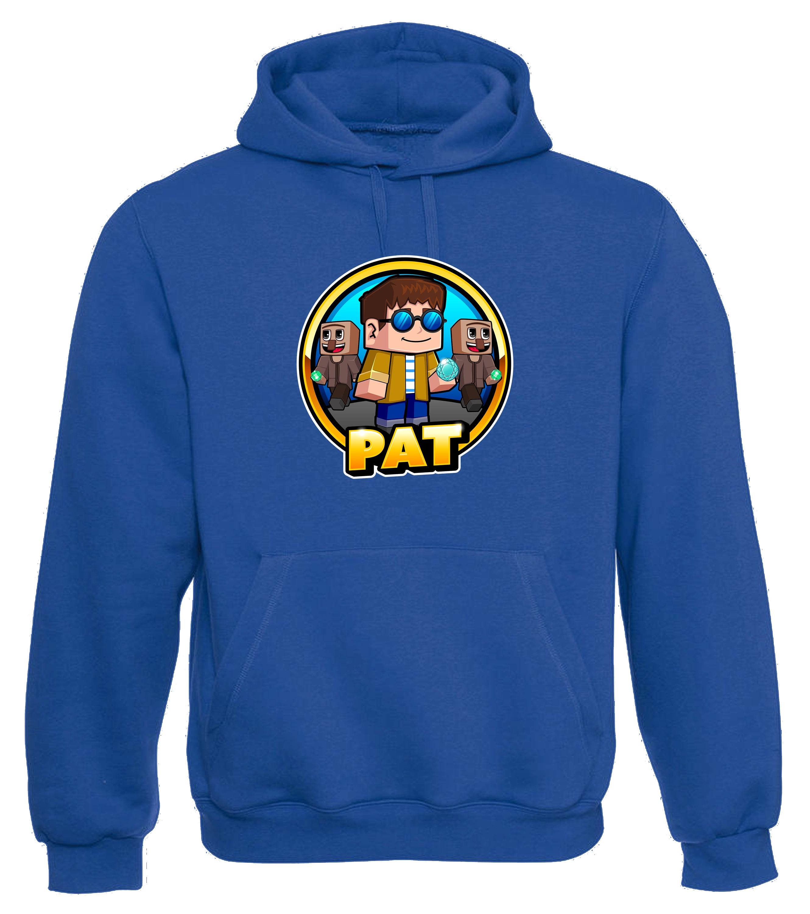 Blauer Kapuzenpullover mit großem PAT-Logo auf der Brust, gestaltet im Pixel-Art-Stil. Perfekt für Minecraft-Fans und Community-Supporter – offizieller Creator-Hoodie mit auffälligem Frontprint.