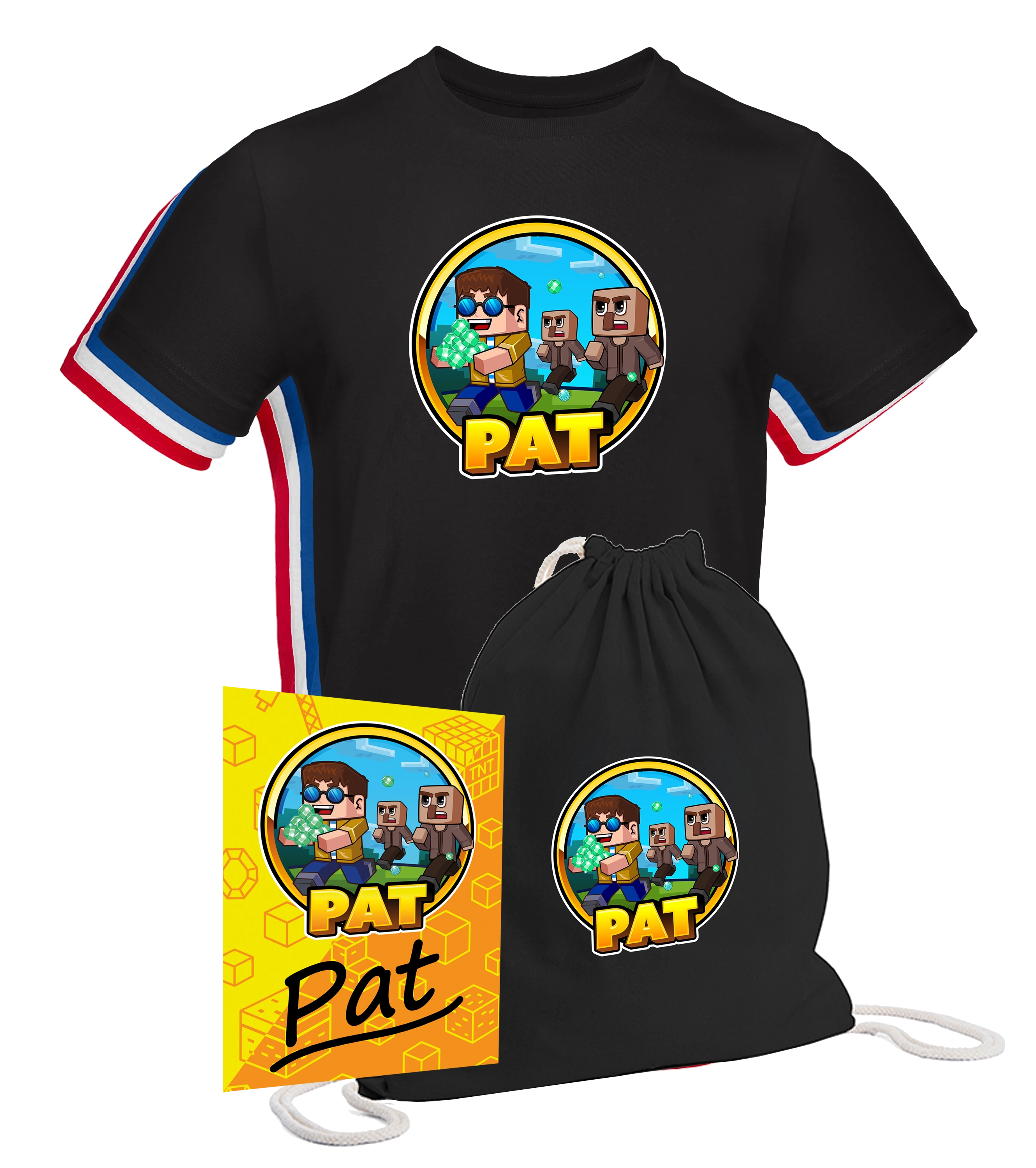 Merch-Bundle von Pat bestehend aus schwarzem T-Shirt mit Comic-Motiv, passendem Turnbeutel und gelber Autogrammkarte mit Unterschrift. Das Design zeigt Pat mit Sonnenbrille und Minecraft-ähnlichen Figuren. Ideal für Fans und Sammler.