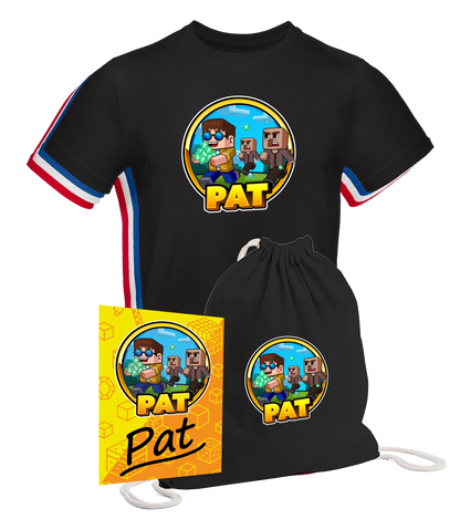 Merch-Bundle von Pat bestehend aus schwarzem T-Shirt mit Comic-Motiv, passendem Turnbeutel und gelber Autogrammkarte mit Unterschrift. Das Design zeigt Pat mit Sonnenbrille und Minecraft-ähnlichen Figuren. Ideal für Fans und Sammler.