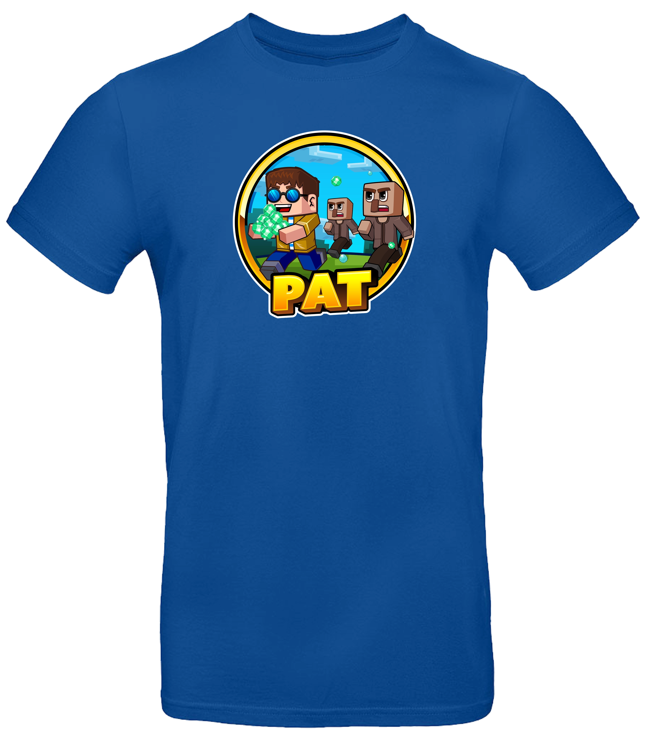Blaues T-Shirt mit auffälligem Pat-Motiv im Comic-Stil. In der Illustration läuft Pat mit Diamanten in der Hand, begleitet von blockartigen Figuren. Unten prangt der gelbe Schriftzug „PAT“. Perfektes Fan-Merch für Gamer.