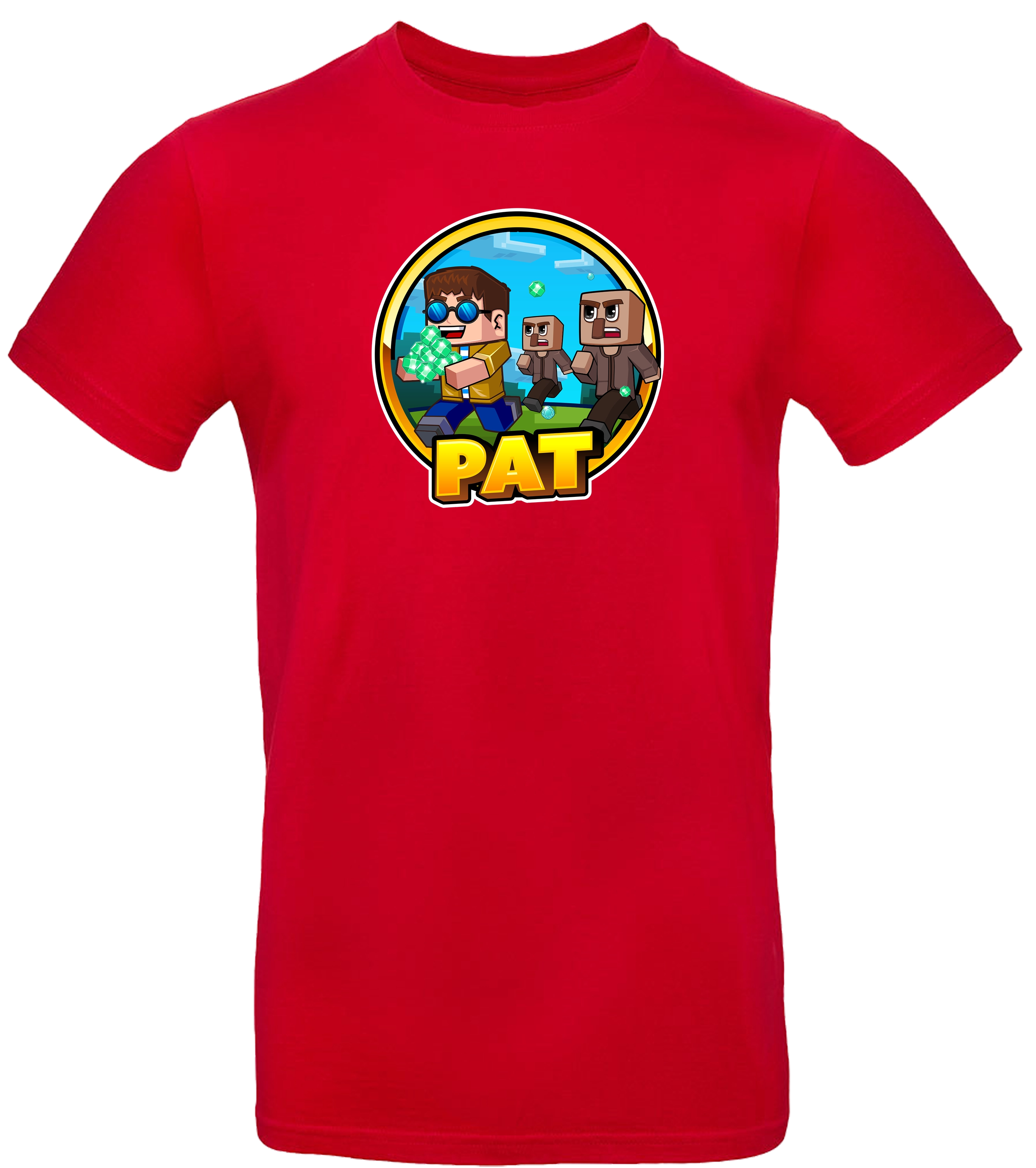 Rotes T-Shirt mit auffälligem Pat-Motiv im Comic-Stil. Die Illustration zeigt Pat mit Diamanten in der Hand, verfolgt von blockartigen Figuren. Darunter befindet sich der gelbe Schriftzug „PAT“. Ein farbenfrohes Fan-Shirt für Gaming-Fans.