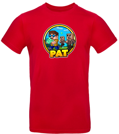 Rotes T-Shirt mit auffälligem Pat-Motiv im Comic-Stil. Die Illustration zeigt Pat mit Diamanten in der Hand, verfolgt von blockartigen Figuren. Darunter befindet sich der gelbe Schriftzug „PAT“. Ein farbenfrohes Fan-Shirt für Gaming-Fans.