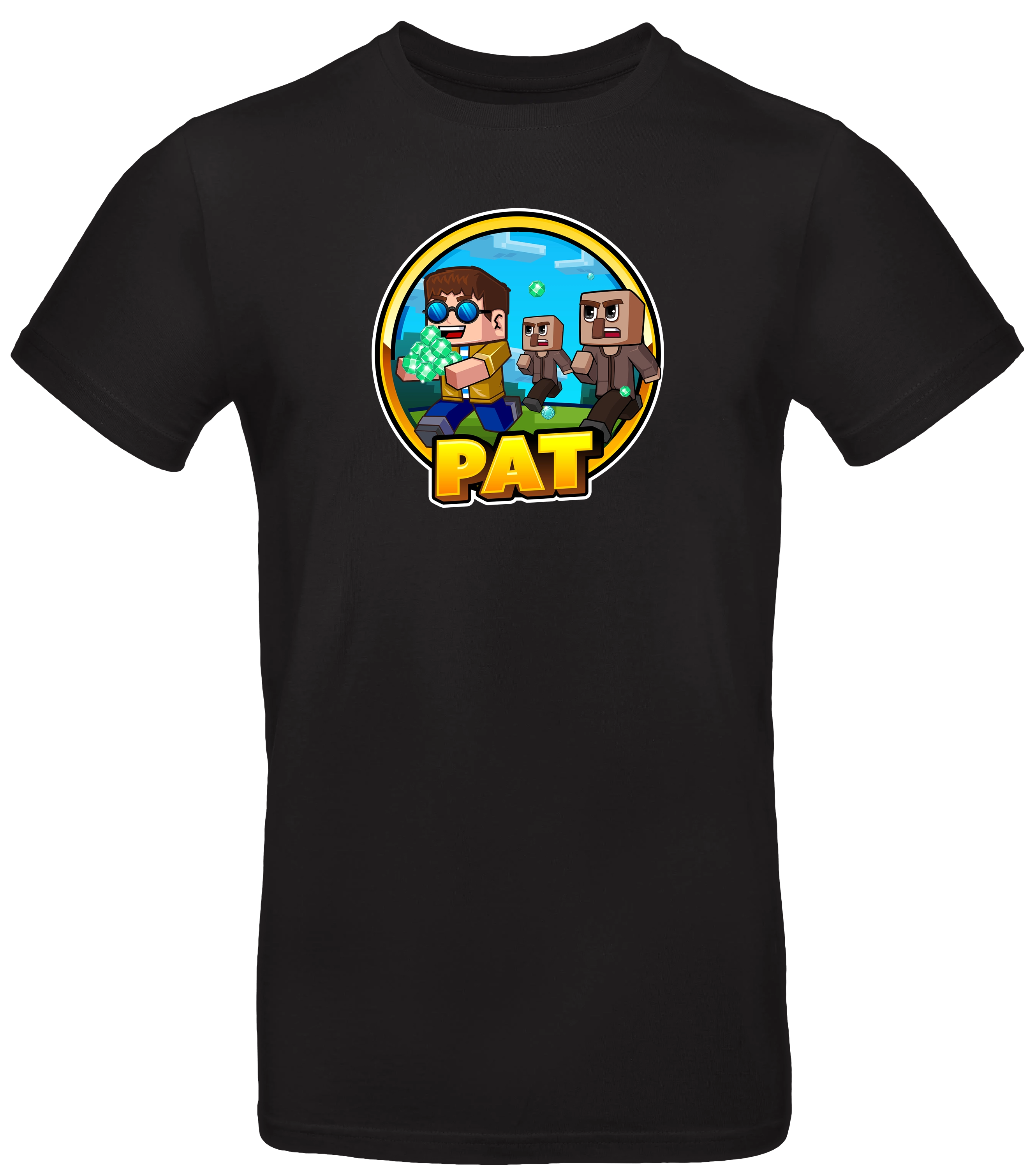 Schwarzes T-Shirt mit rundem Comic-Motiv von Pat. Das Design zeigt Pat mit Sonnenbrille und Diamanten in der Hand, begleitet von Minecraft-ähnlichen Figuren auf blauem Hintergrund. Auffälliger Schriftzug „PAT“ in Gelb unter dem Motiv.