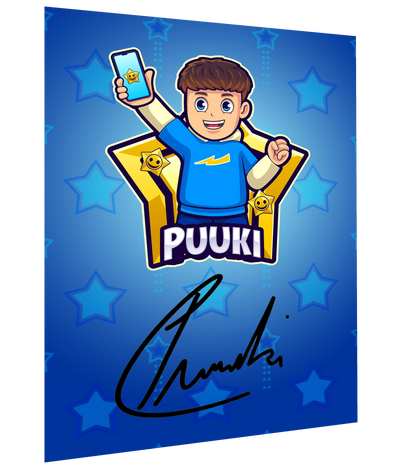 Signierte Autogrammkarte von Puuki im Brawler-Bundle – leuchtend blaues Design mit Sternmotiv und Cartoon-Illustration des Creators, ideal für Sammler und Fans.