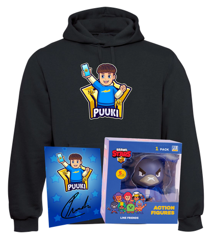 Puuki Brawler Fan-Bundle mit schwarzem Hoodie, signierter Autogrammkarte und Brawl Stars Actionfigur in Geschenkbox – ideal fuer junge Fans des YouTubers und Gaming-Enthusiasten.