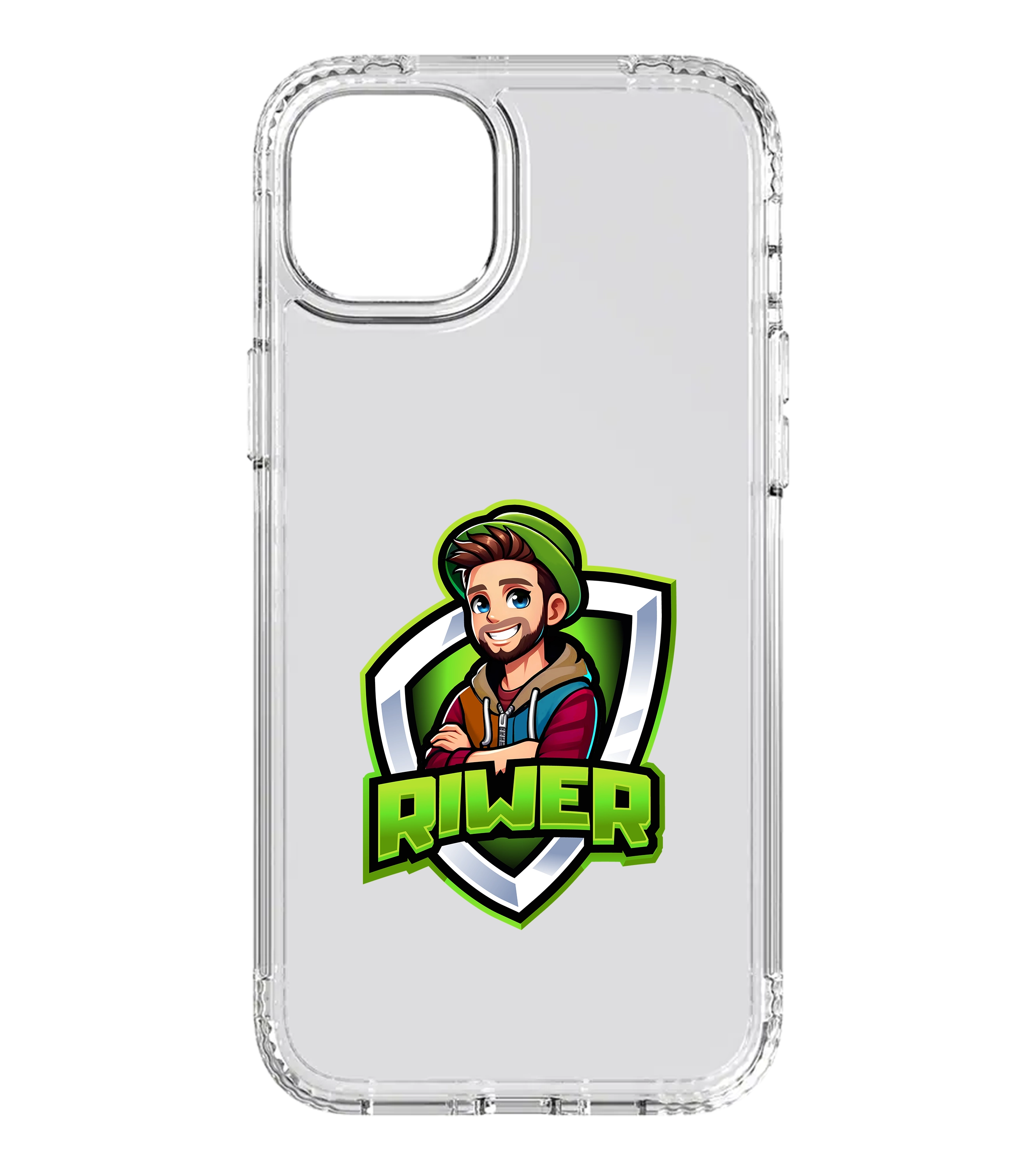 Transparente Handyhülle mit Riwer-Logo im Schild-Design – stylischer und robuster Schutz für dein Smartphone im Creator-Look.