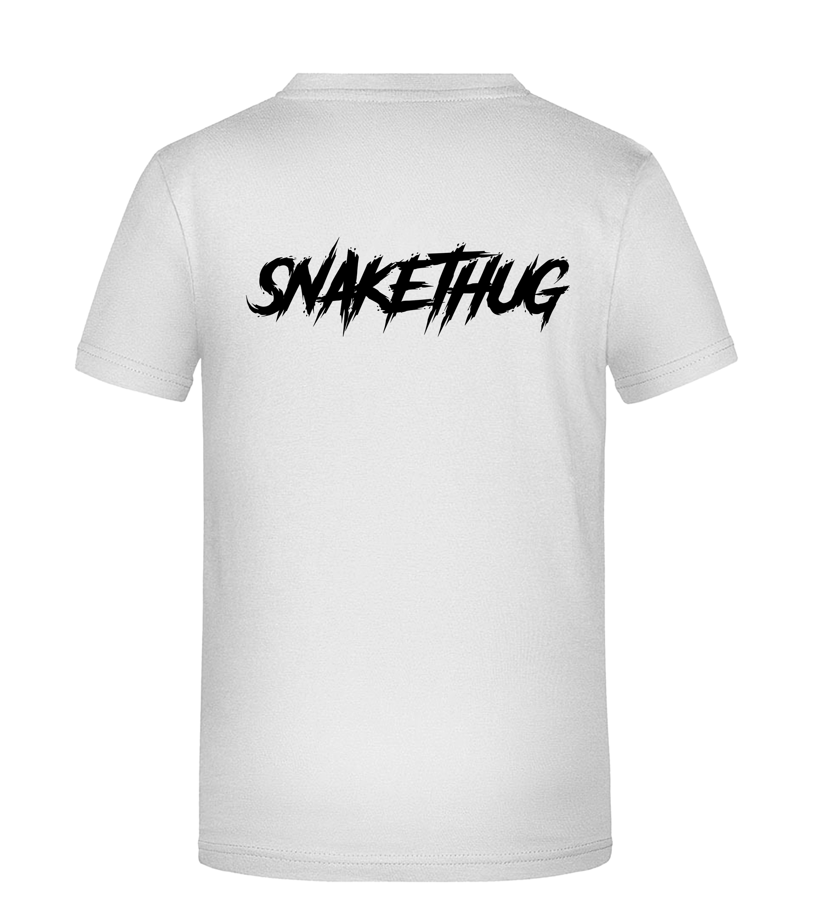 Rückseite eines weißen T-Shirts mit schwarzem „SNAKETHUG“-Schriftzug im auffälligen Kratzstil