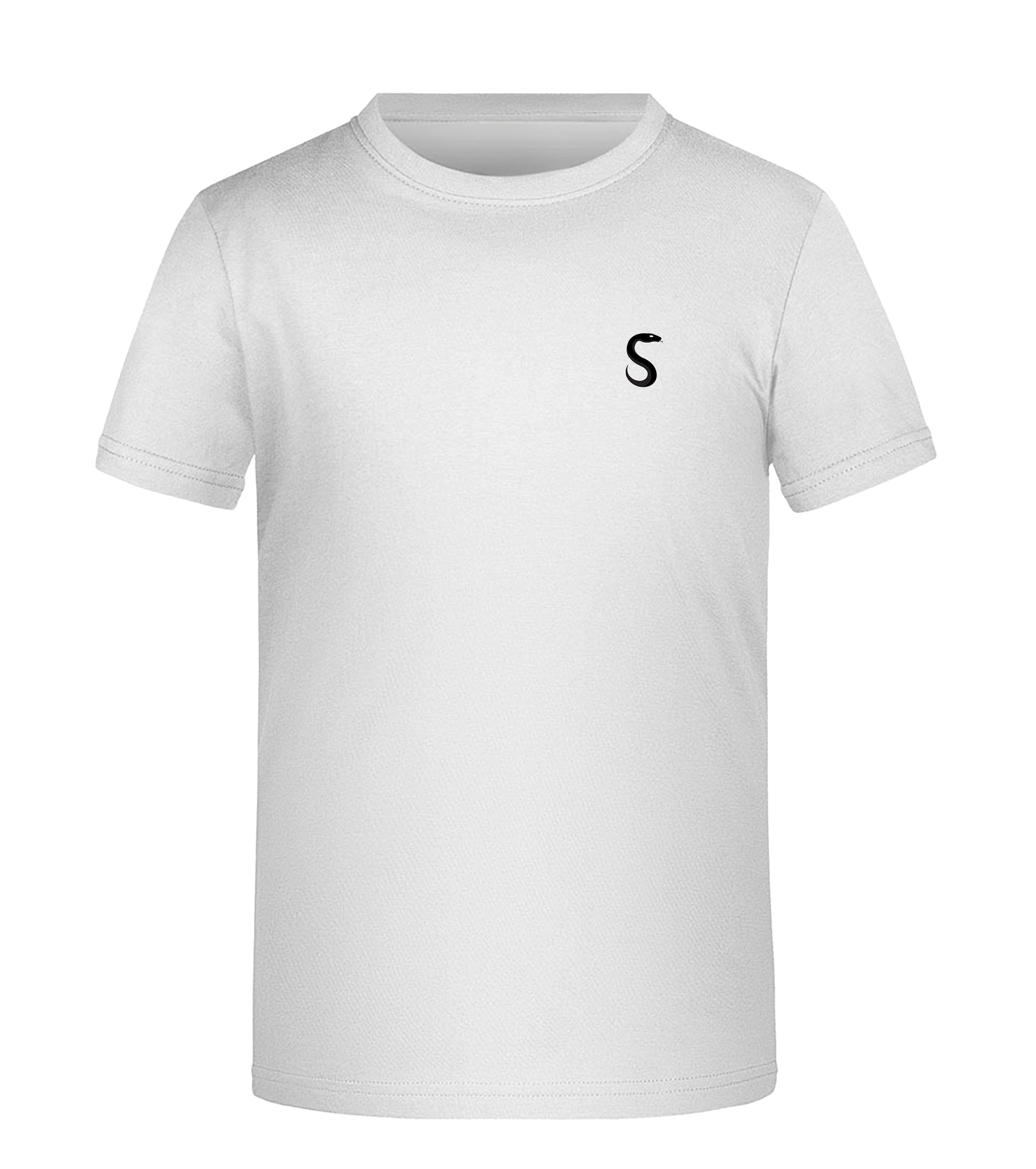 Weißes T-Shirt mit kleinem schwarzen „S“-Logo von SNAKETHUG auf der linken Brustseite