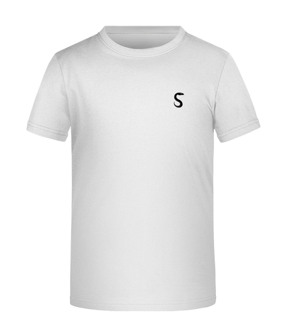 Weißes T-Shirt mit kleinem schwarzen „S“-Logo von SNAKETHUG auf der linken Brustseite