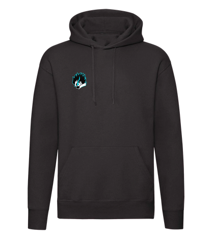 Sevel Hoodie in Schwarz mit minimalistischer Anime-Flammenstickerei auf der Brust – hochwertiger Unisex-Pullover für Gamer mit dezenter Frontgestaltung und urbanem Oversized-Fit.