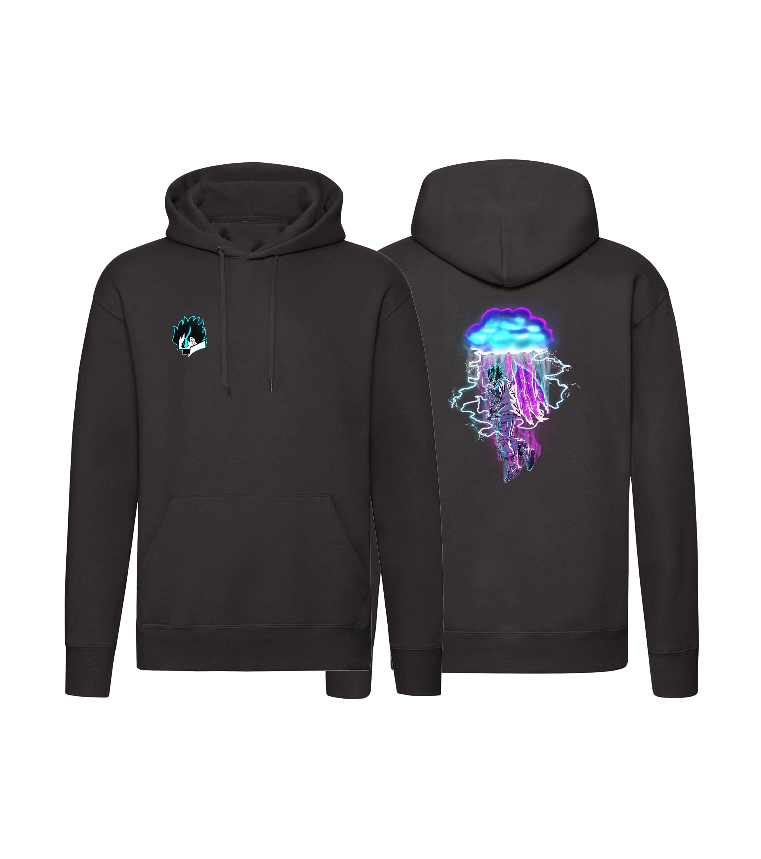Schwarzer Sevel Hoodie mit leuchtendem Blitz-Wolken-Motiv auf dem Rücken und dezenter Flammenstickerei vorn – stilvoller Streetwear-Pullover für Gamer und Anime-Fans mit hochwertigem Druck in Neonfarben.