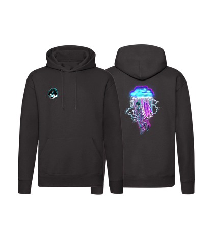 Schwarzer Sevel Hoodie mit leuchtendem Blitz-Wolken-Motiv auf dem Rücken und dezenter Flammenstickerei vorn – stilvoller Streetwear-Pullover für Gamer und Anime-Fans mit hochwertigem Druck in Neonfarben.