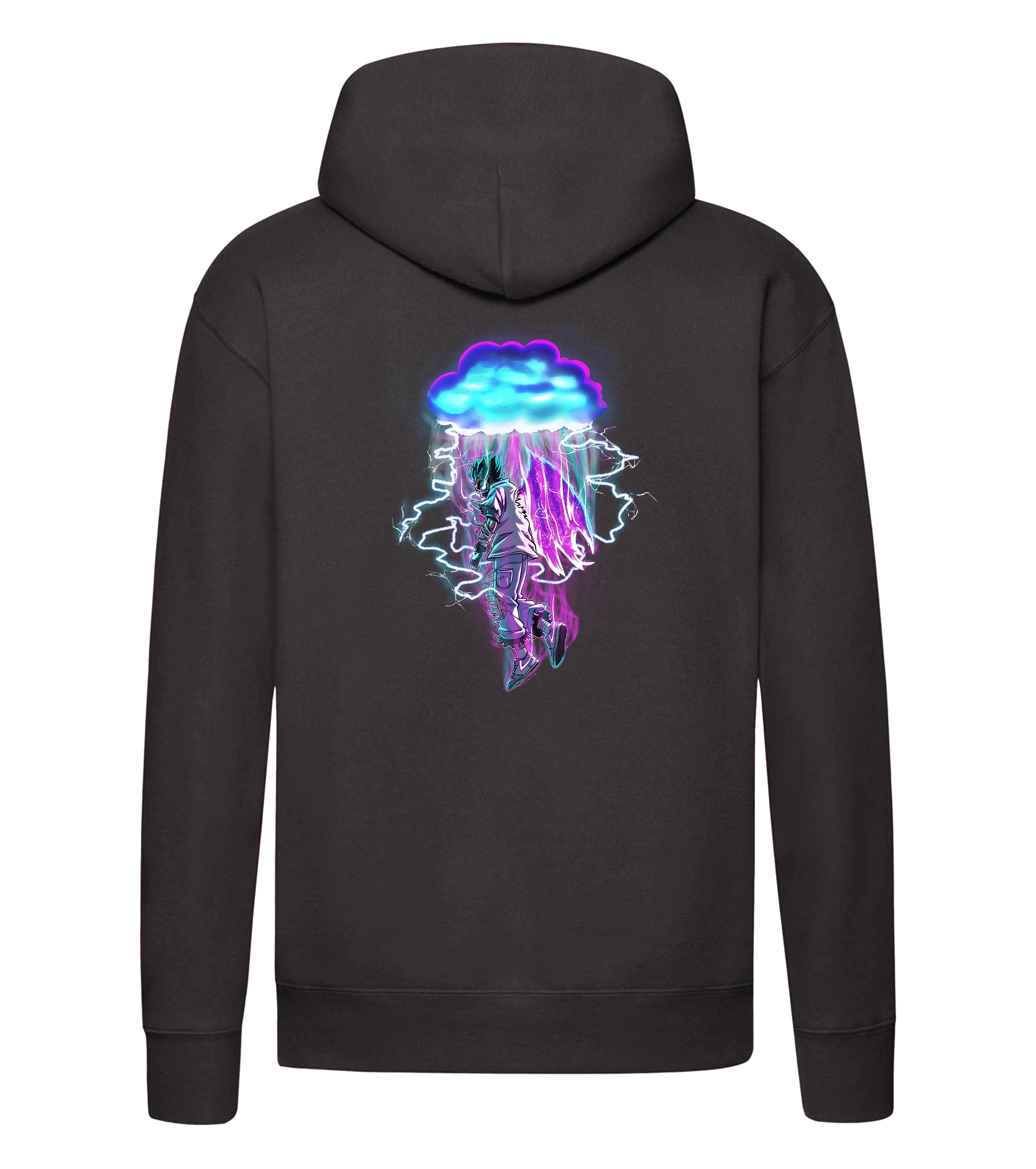 Schwarzer Hoodie mit großem Rückendruck von Sevel: Illustration eines schwebenden Charakters unter einer blauen Blitzwolke, umgeben von lilafarbenem Regen und Energieblitzen – stylisches Streetwear-Design für Fans urbaner Anime-Ästhetik.