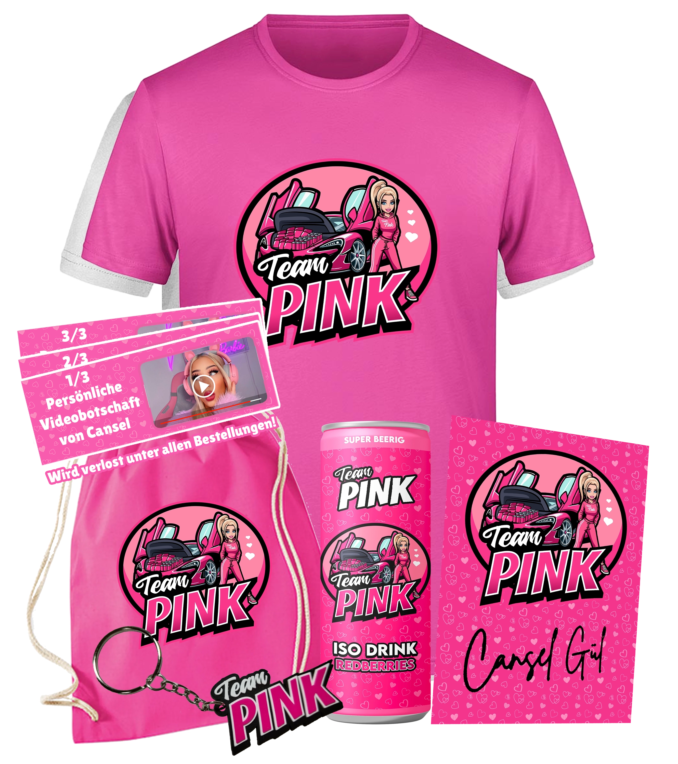 #TEAMPINK Canselguel - T-Shirt + #TeamPink Drink + Schlüsselanhänger + Turnbeutel & handsignierte Autogrammkarte