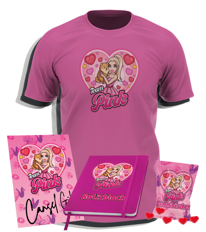 CanselGuel #TEAMPINK Valentinstag Bundle - T-Shirt + Notizbuch + Gummibärchen + Autogrammkarte