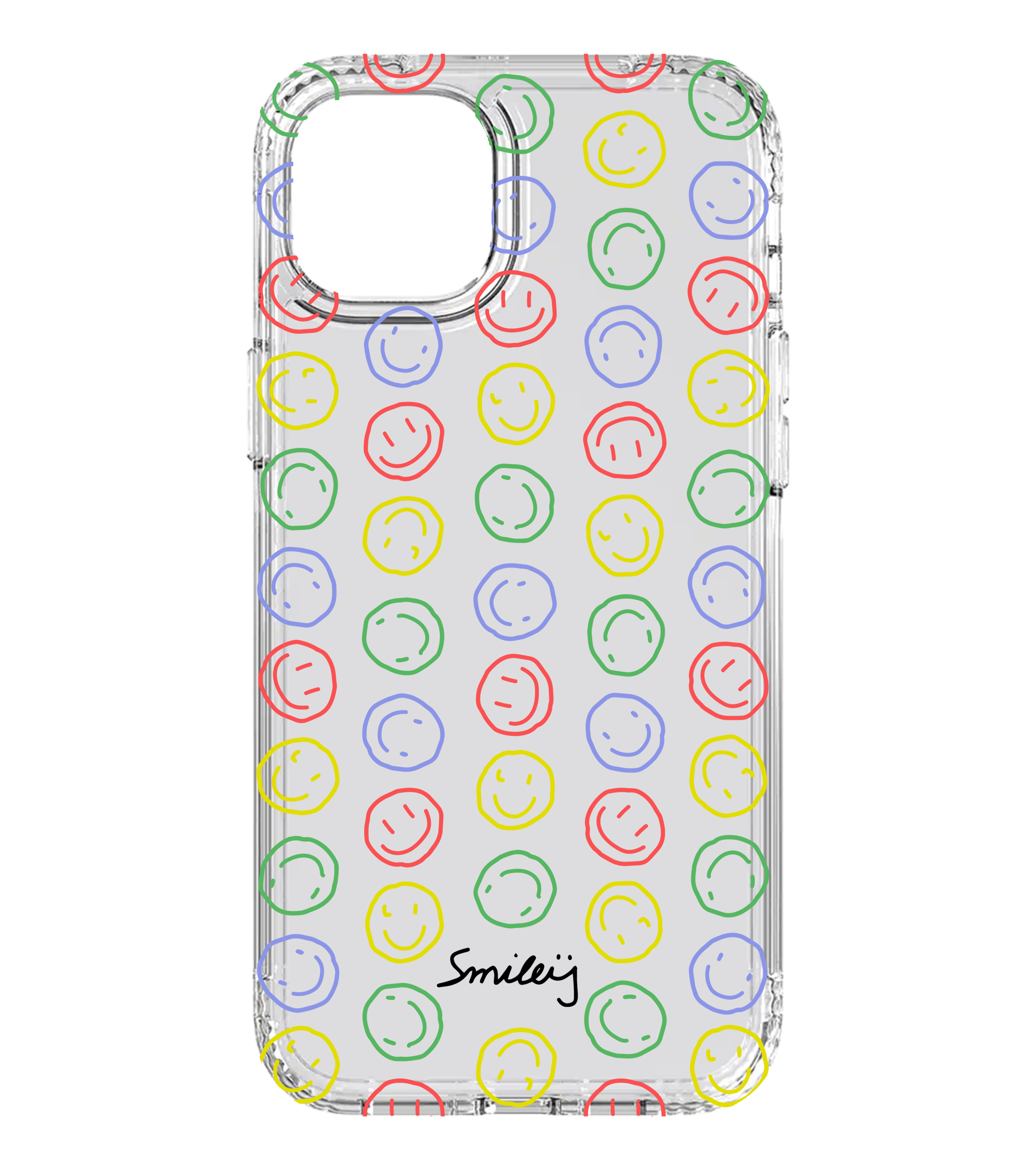 Transparente Handyhülle mit buntem Smiley-Muster in Rot, Gelb, Grün und Blau – fröhliches Design für gute Laune im Alltag.


