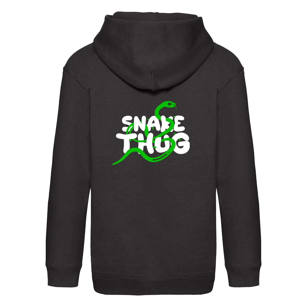 Rückansicht des schwarzen SnakeThug Hoodies mit auffälligem Backprint: grüne Schlange schlängelt sich durch weißen „Snake Thug“-Schriftzug – Streetwear mit Statement.








