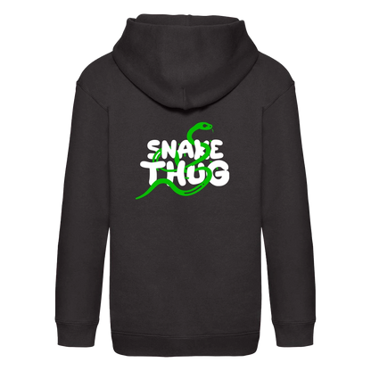 Rückansicht des schwarzen SnakeThug Hoodies mit auffälligem Backprint: grüne Schlange schlängelt sich durch weißen „Snake Thug“-Schriftzug – Streetwear mit Statement.








