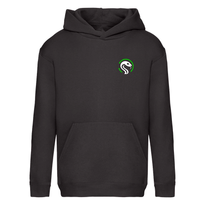 Vorderansicht eines schwarzen SnakeThug Hoodies mit kleinem weißen Schlangenlogo auf der Brust und grünem Kreis – minimalistisches Design für urbanen Look.