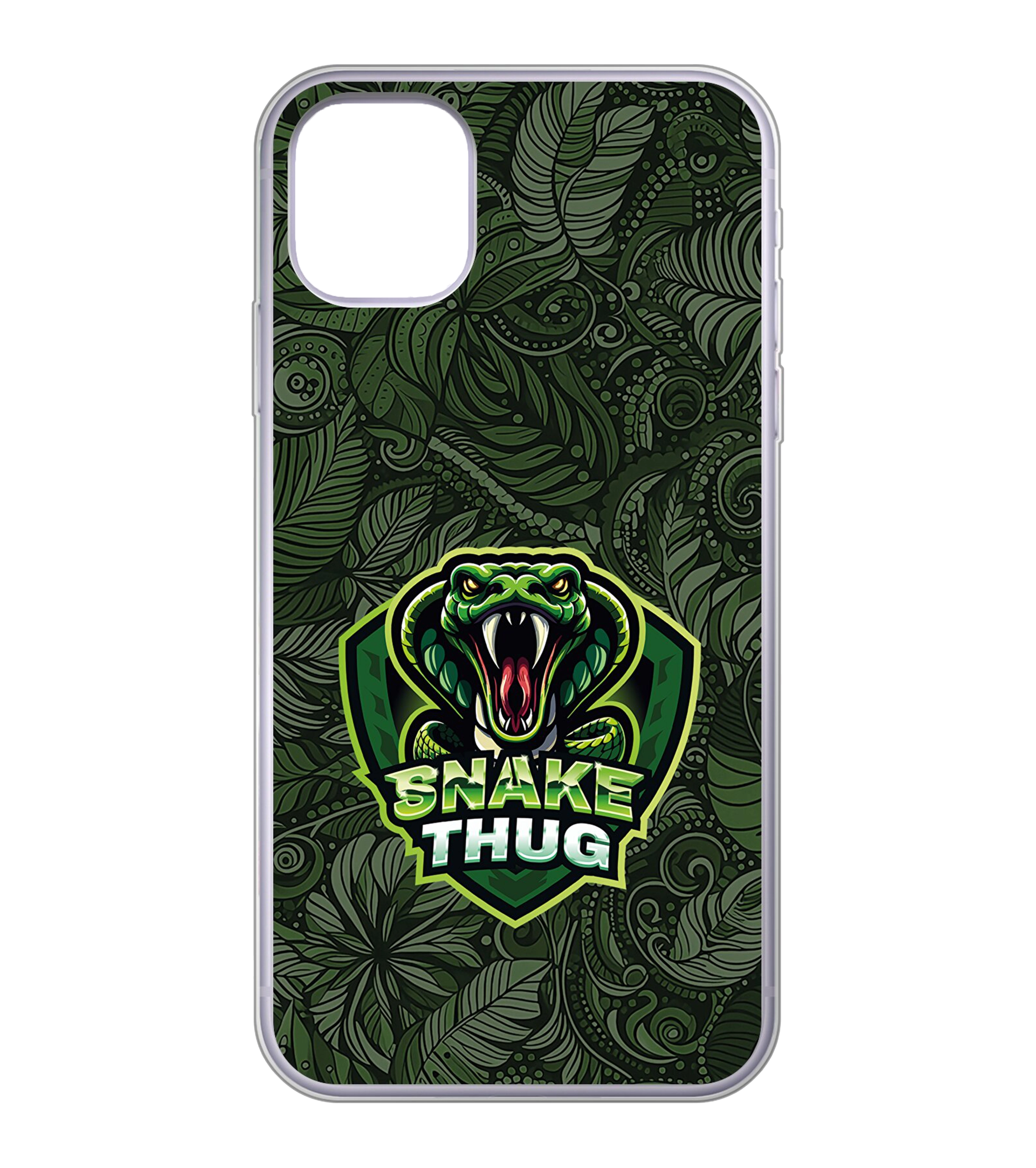 Transparente Handyhülle mit detailliertem SnakeThug-Logo und grünem Schlangenmuster – perfekte Kombination aus Schutz und auffälligem Design für urbane Gaming-Fans.