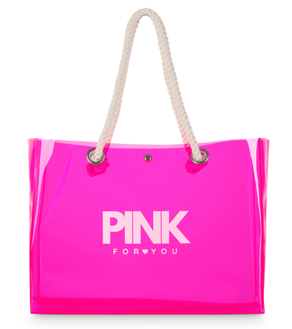 Pinke transparente Strandtasche mit weißem Schriftzug „PINK FOR YOU“ und weißen Tragegriffen aus Kordel.

