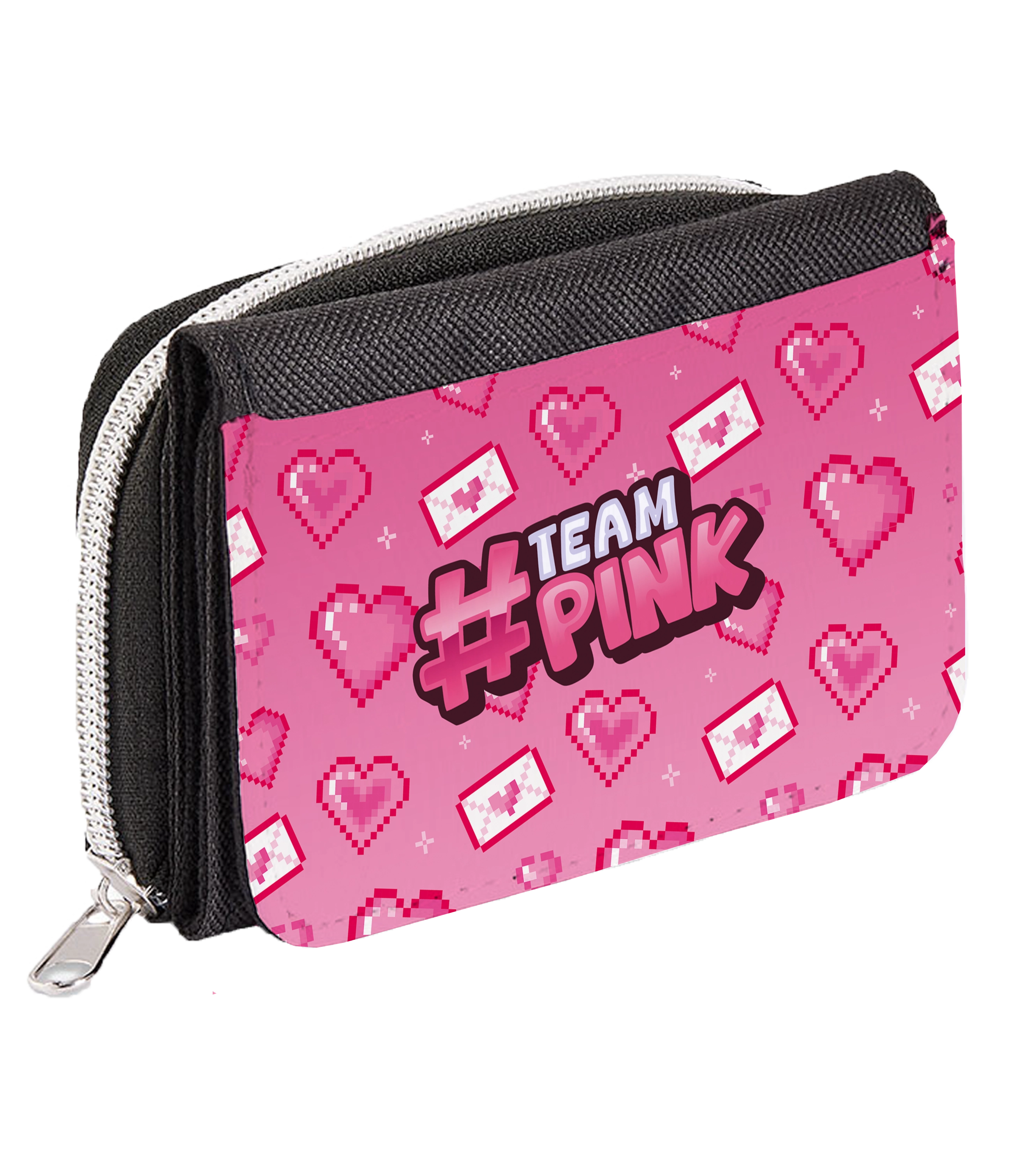 Kinder-Geldboerse mit #TeamPink-Motiv: rosa Hintergrund mit Pixelherzen und Liebesbriefen, robustes Reißverschlussformat – inspiriert von der Creatorin Canselguel.