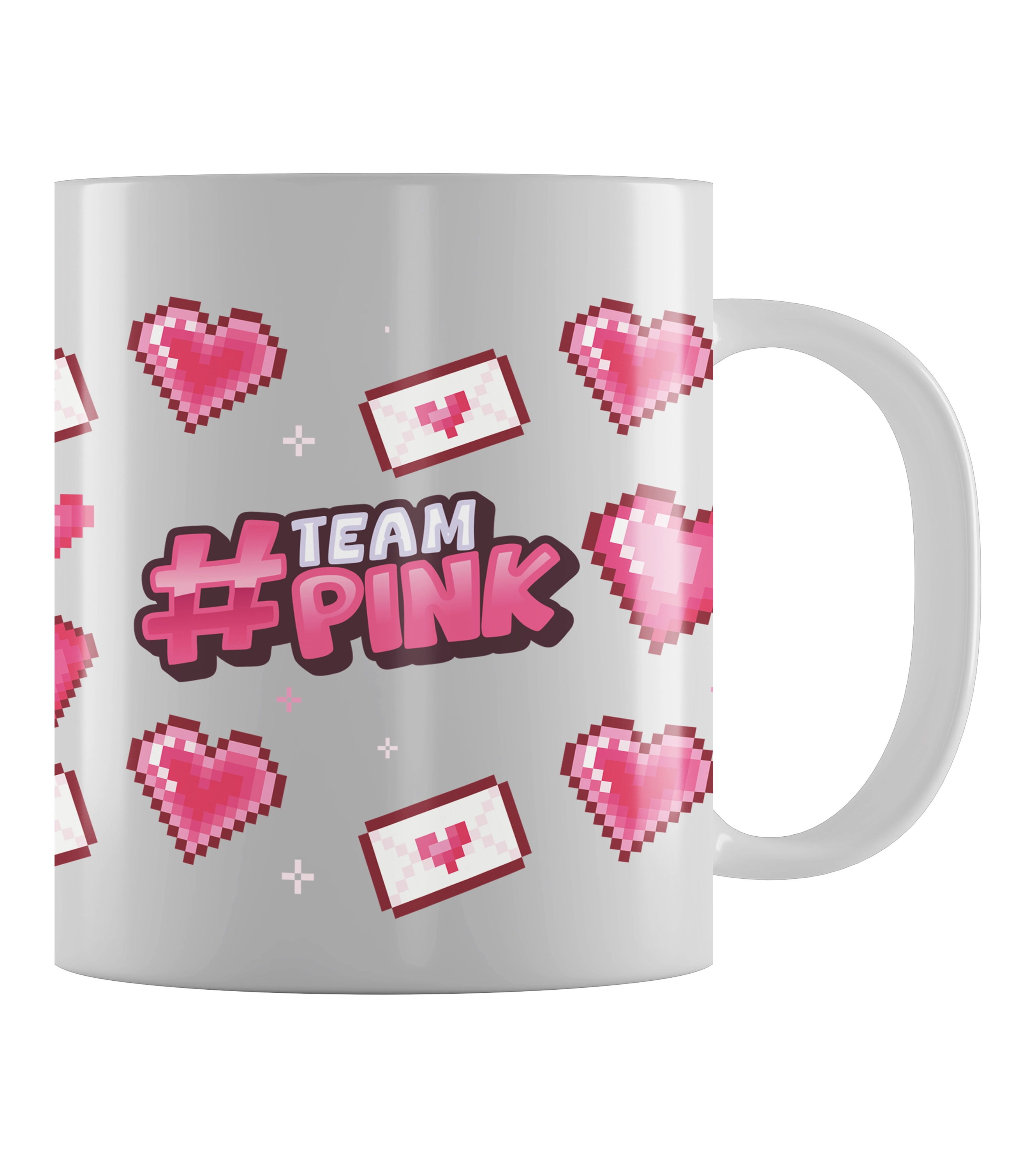Weiße Keramiktasse mit #TeamPink Design: Pixeldesign mit rosa Herzen und Liebesbrief-Motiven – inspiriert vom Stil der Creatorin Canselguel. Ideal für Fans mit Liebe zum Detail.