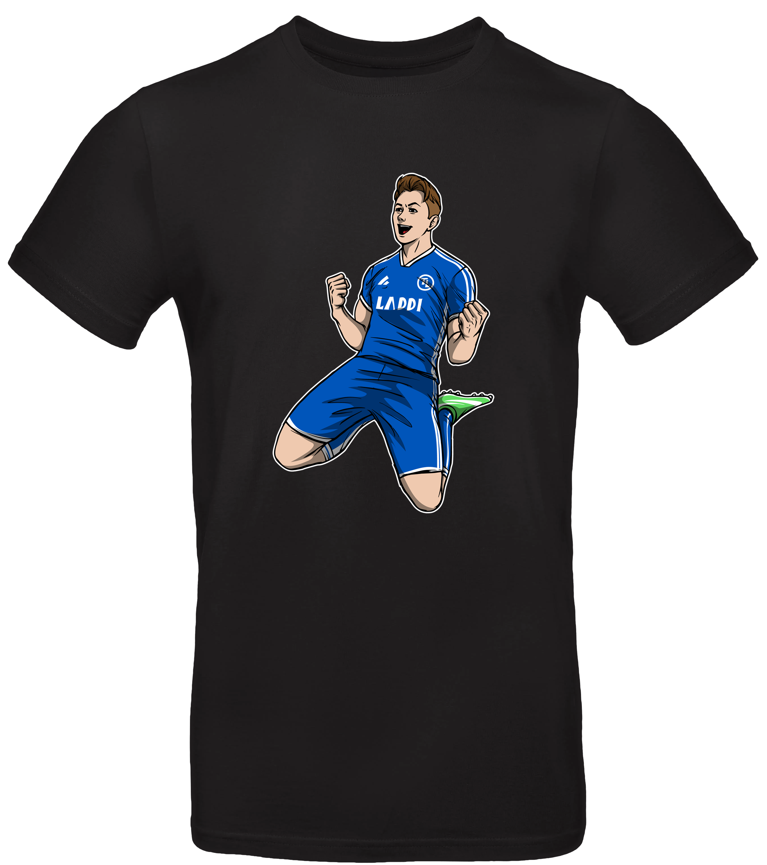 Schwarzes T-Shirt mit Comic-Illustration von Tim Latka im blauen Fußballtrikot mit „LADDI“-Schriftzug, kniend in Jubelpose mit geballten Fäusten.

