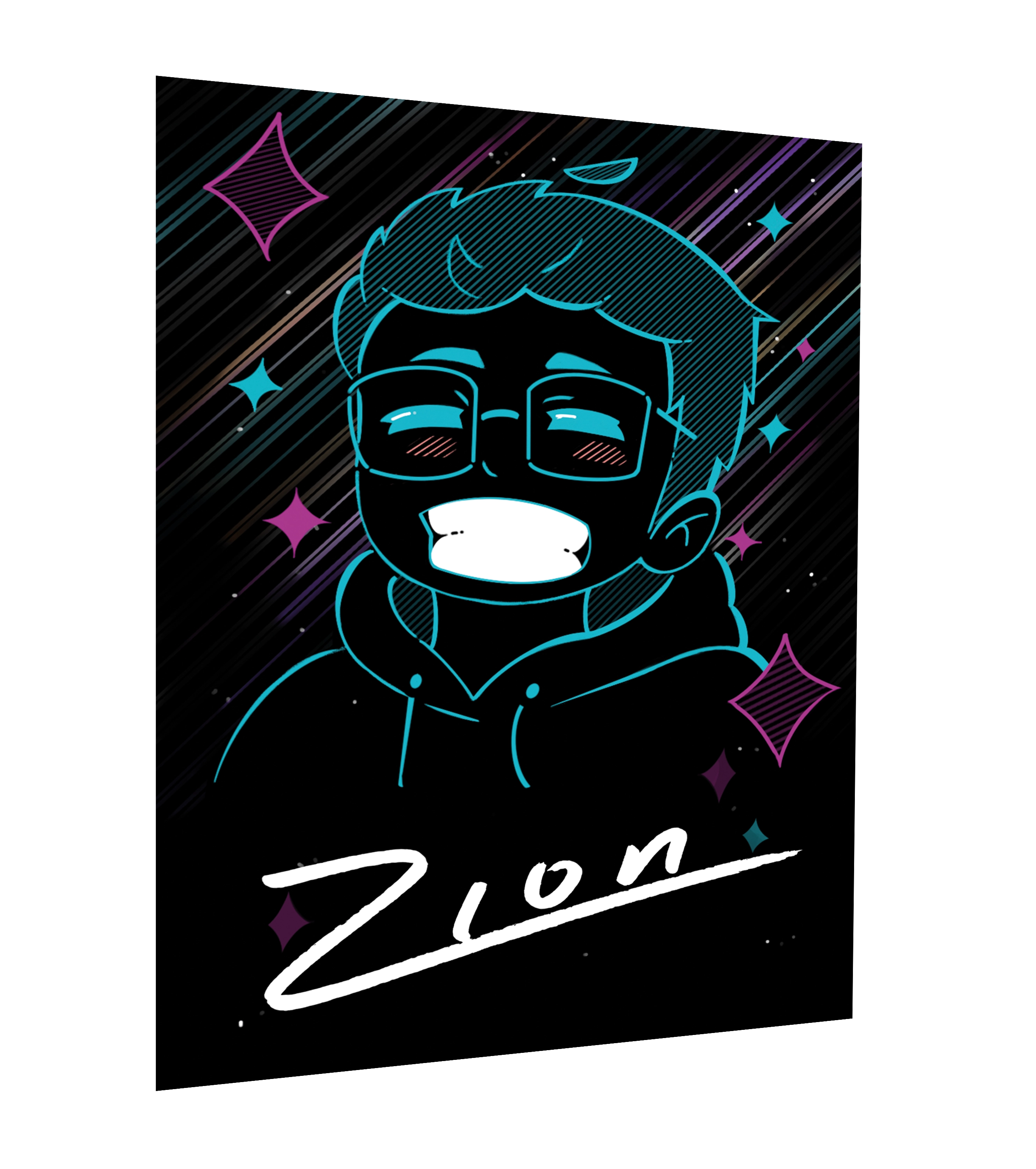 Bunte Zion Autogrammkarte im Comic-Stil mit Neonfarben, fröhlichem Gesicht und verspieltem Hintergrund.