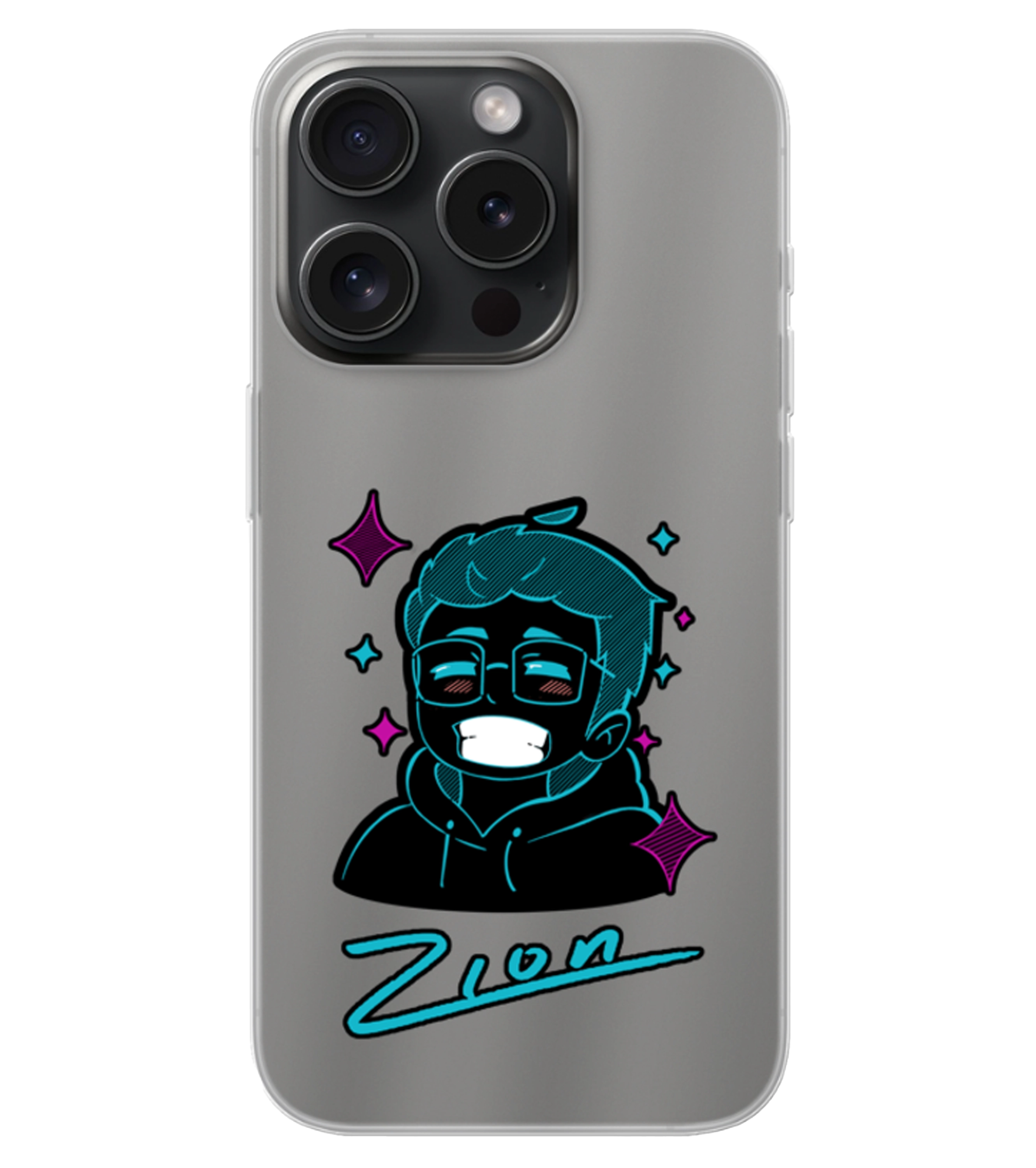 Transparente Handyhülle mit stylisiertem Zion-Comicmotiv in Neonblau und Lila, inklusive Signatur – auffälliges Design mit funkelnden Akzenten.