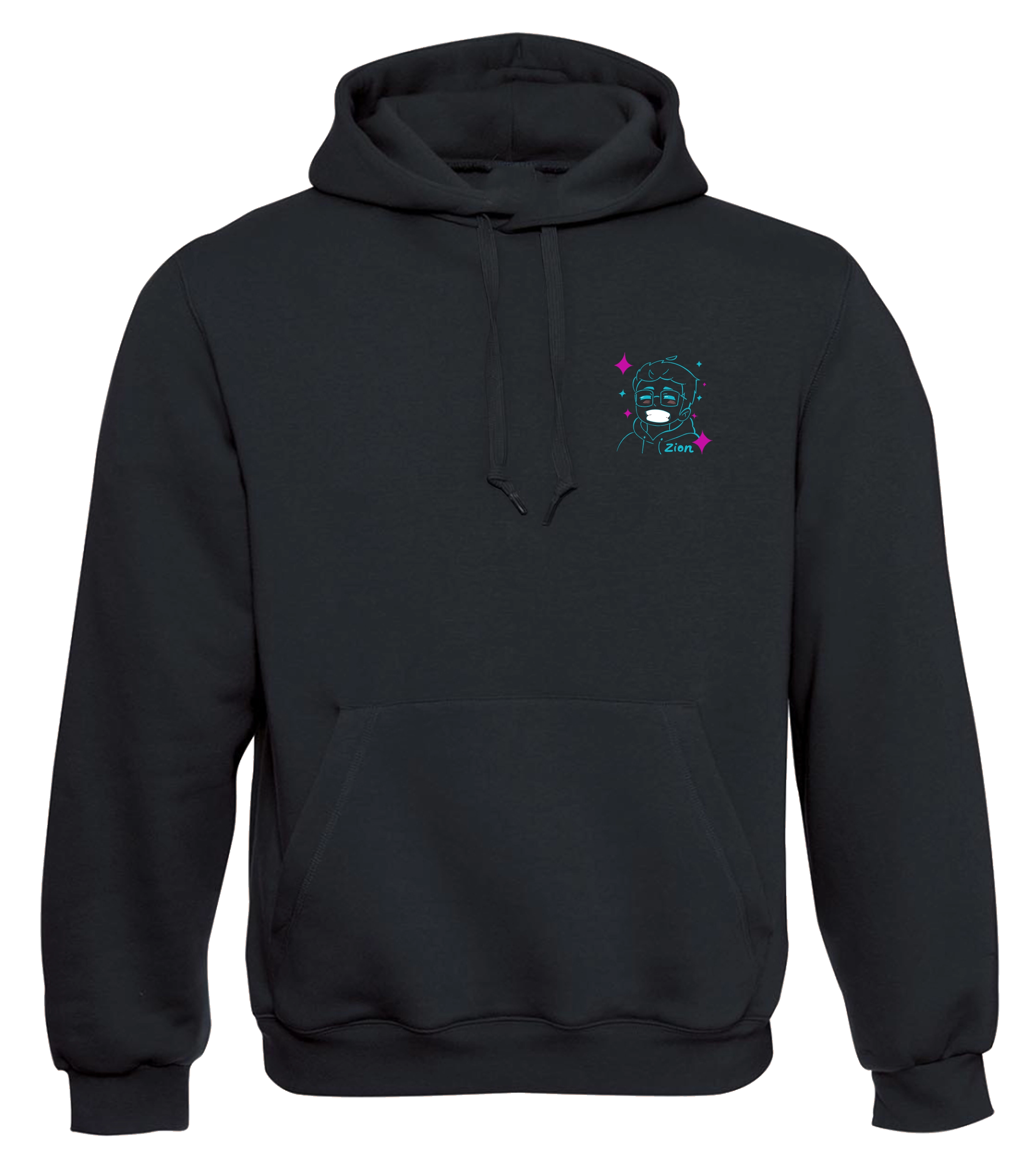 Schwarzer Zion Hoodie mit kleinem Neon-Comicprint auf der Brust - gemütlich, stylisch und perfekt für Fans.