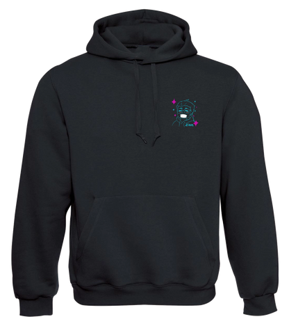 Schwarzer Zion Hoodie mit kleinem Neon-Comicprint auf der Brust - gemütlich, stylisch und perfekt für Fans.