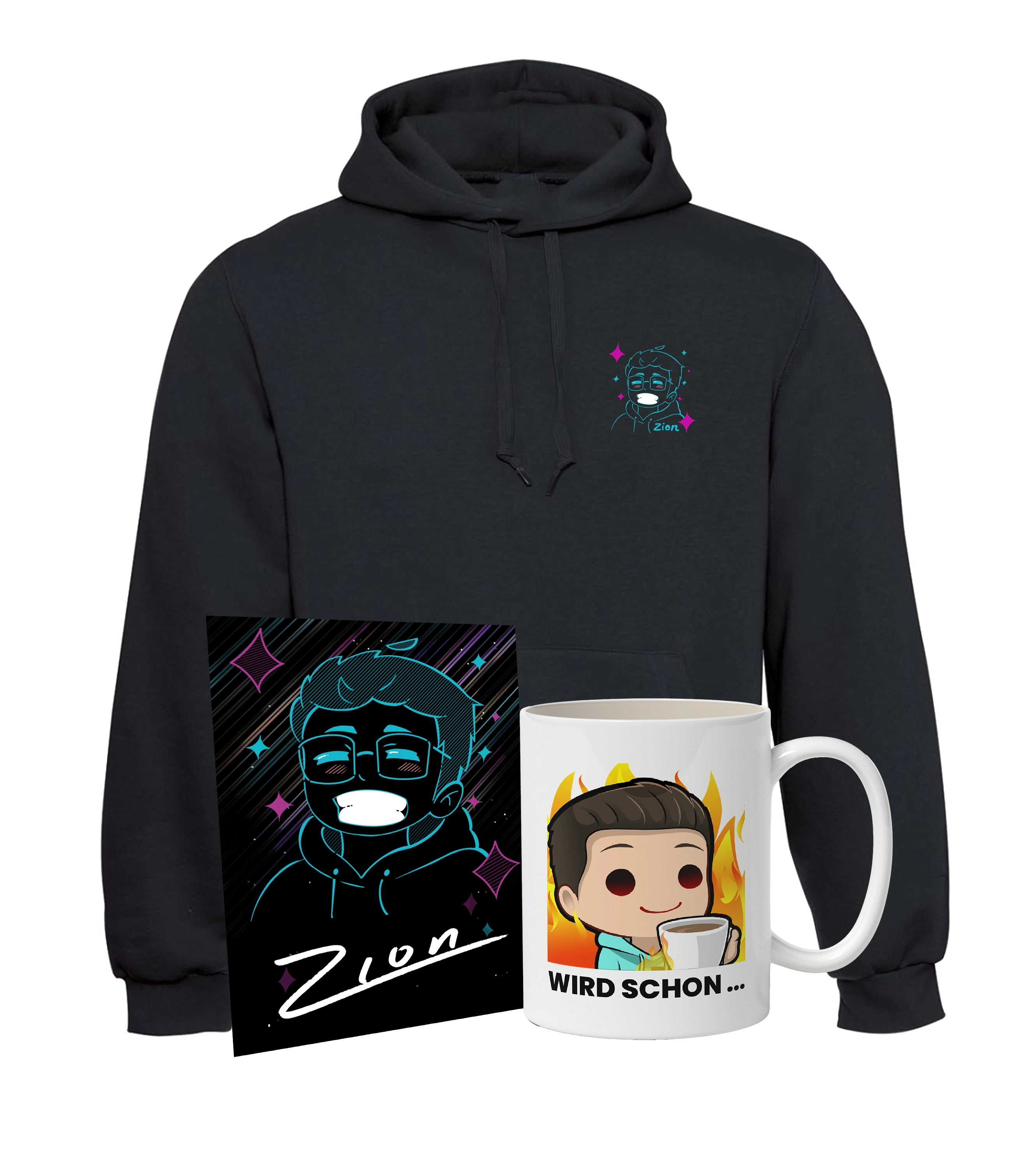 Zion Fanbundle bestehend aus schwarzem Hoodie mit Comic-Print, passender Autogrammkarte im Neon-Stil und Tasse mit „Wird schon...“-Motiv - deal für echte Fans.