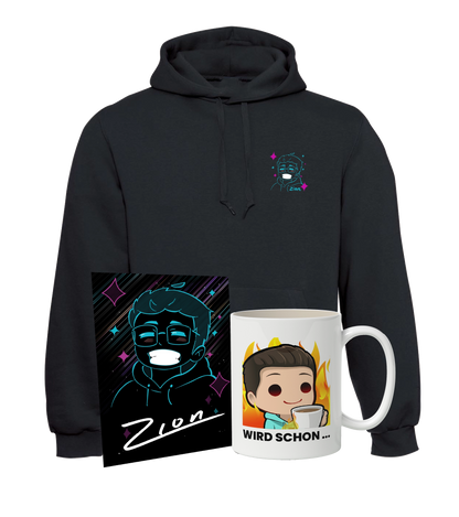 Zion Fanbundle bestehend aus schwarzem Hoodie mit Comic-Print, passender Autogrammkarte im Neon-Stil und Tasse mit „Wird schon...“-Motiv - deal für echte Fans.