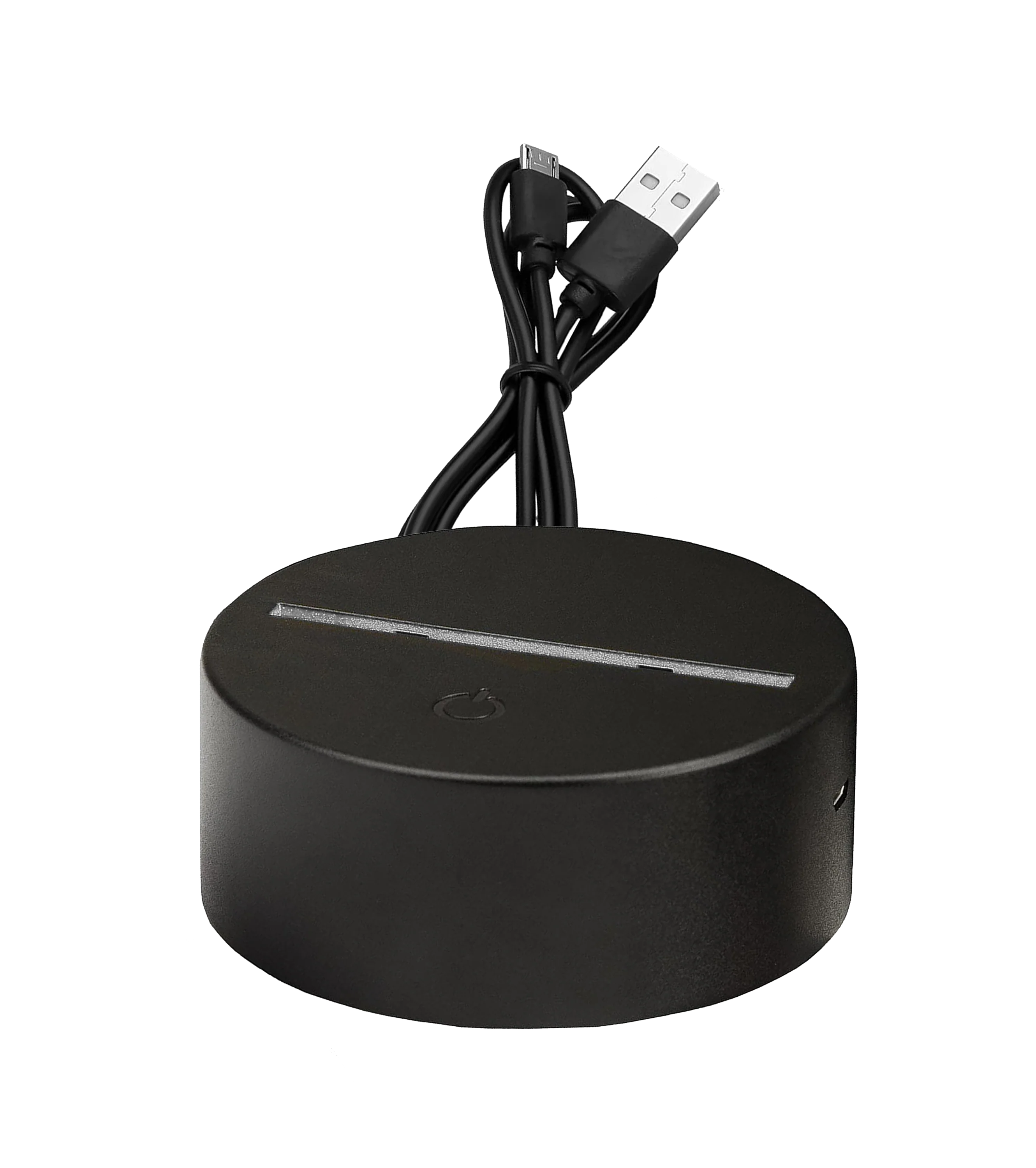 Schwarze Basis mit USB-Kabel für die Flakezc 3D-LED-Lampe – praktische Stromversorgung und stabiler Standfuß.