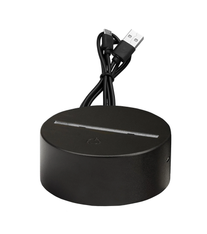 Schwarze Basis mit USB-Kabel für die Flakezc 3D-LED-Lampe – praktische Stromversorgung und stabiler Standfuß.