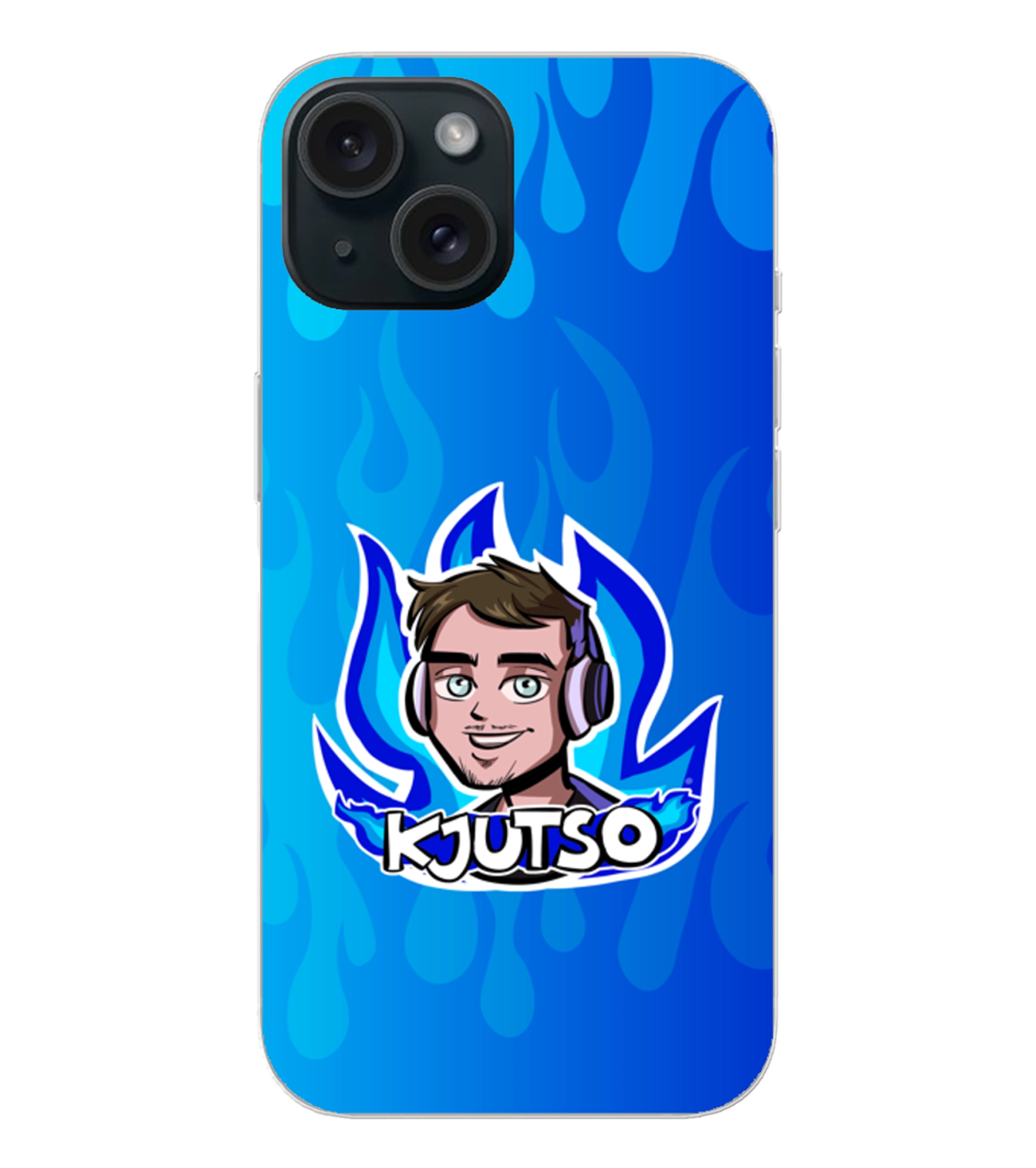 Stylische Handyhuelle in Blau mit Kjutso Cartoon Motiv und Flammen Design – robuster Schutz fuer Smartphones und perfektes Fan Accessoire