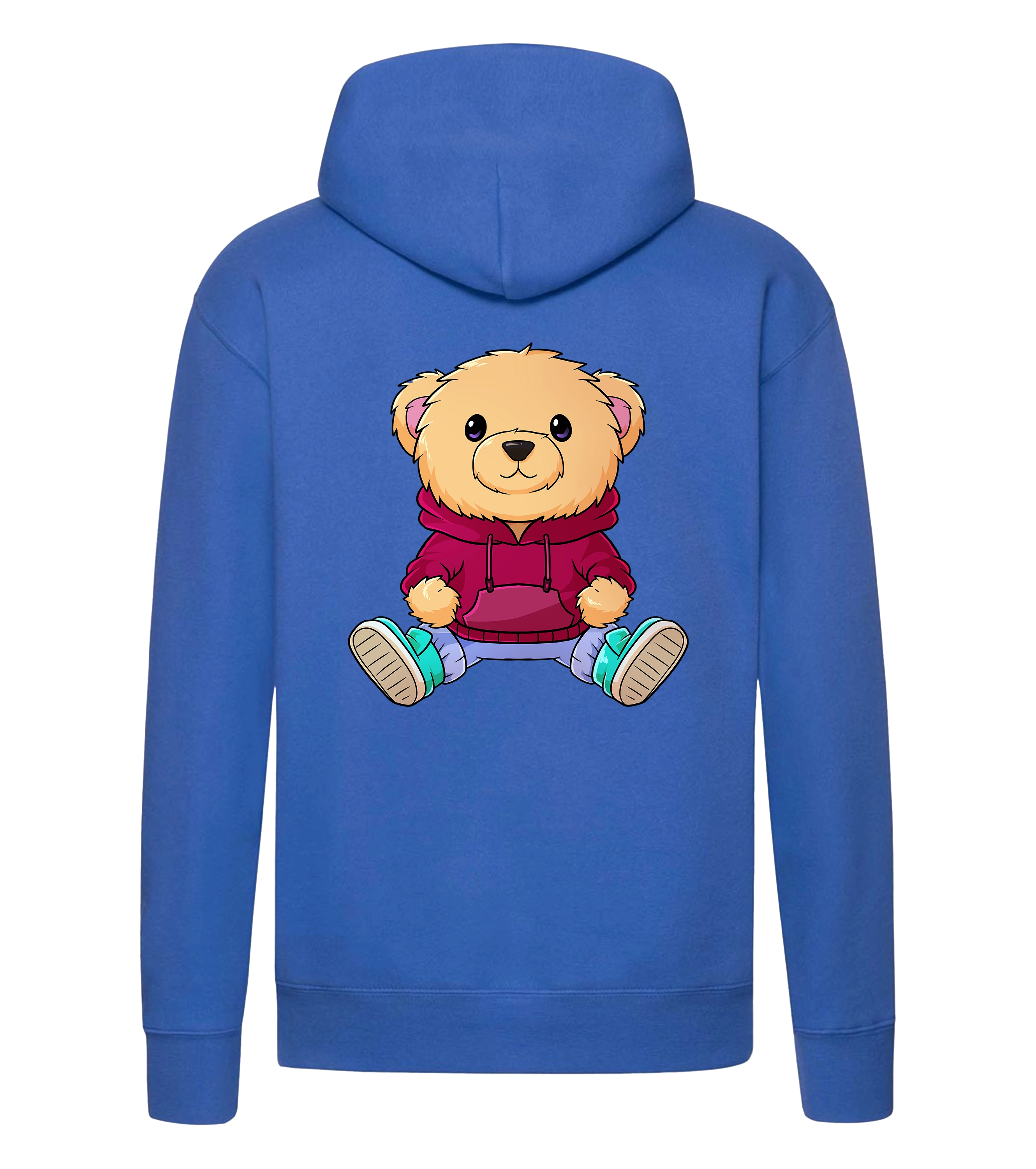 Blauer Nuno Hoodie Rückansicht mit großem Bärchen-Print in rotem Pullover – stylisches Motiv für die Community.