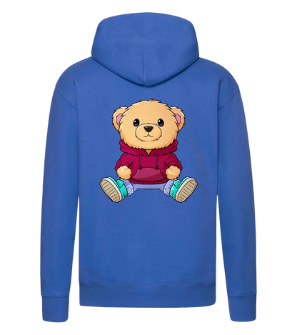Blauer Nuno Hoodie Rückansicht mit großem Bärchen-Print in rotem Pullover – stylisches Motiv für die Community.