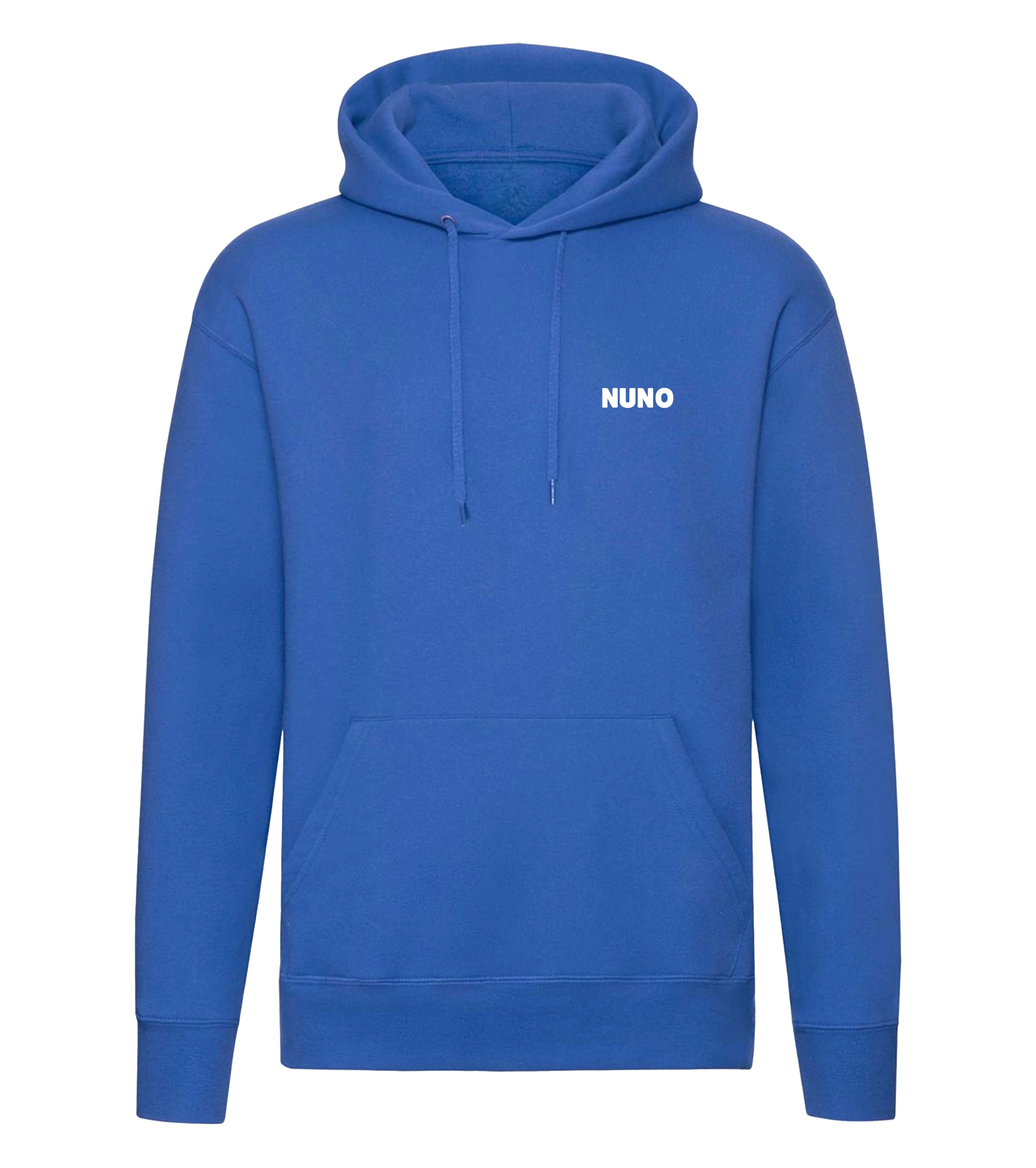 Blauer Nuno Hoodie in Frontansicht mit schlichtem Logo-Aufdruck auf der Brust – gemütlich und stylisch für die Community.