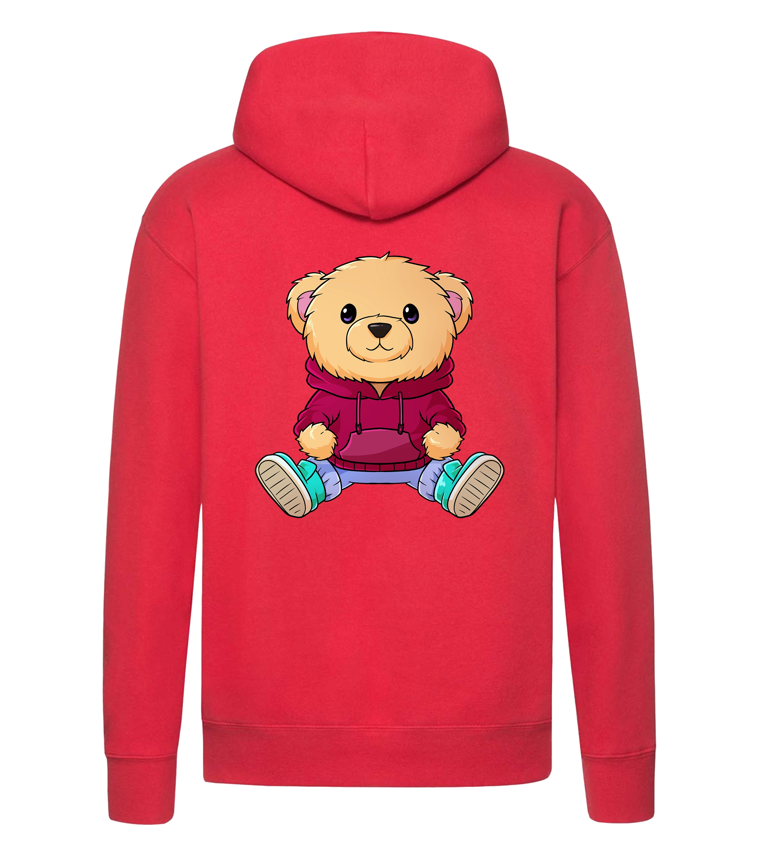Roter Nuno Hoodie Rückansicht mit großem Bärchen-Print in rotem Pullover – stylisches Motiv für die Community.