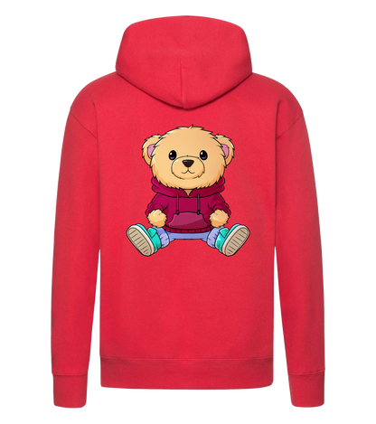 Roter Nuno Hoodie Rückansicht mit großem Bärchen-Print in rotem Pullover – stylisches Motiv für die Community.