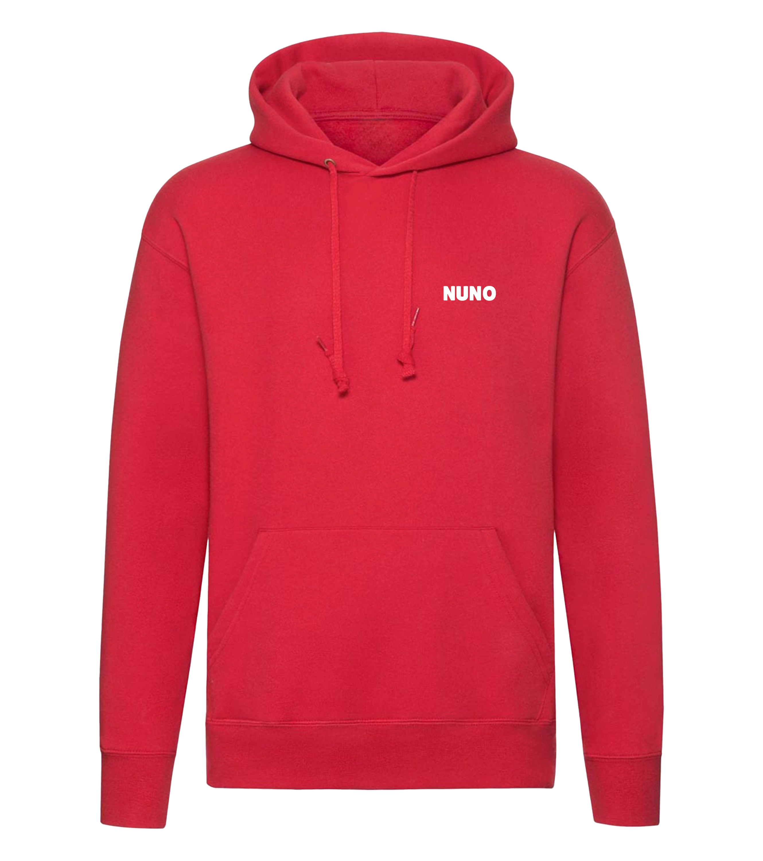 Roter Nuno Hoodie in Frontansicht mit schlichtem Logo-Aufdruck auf der Brust – gemütlich und stylisch für die Community.