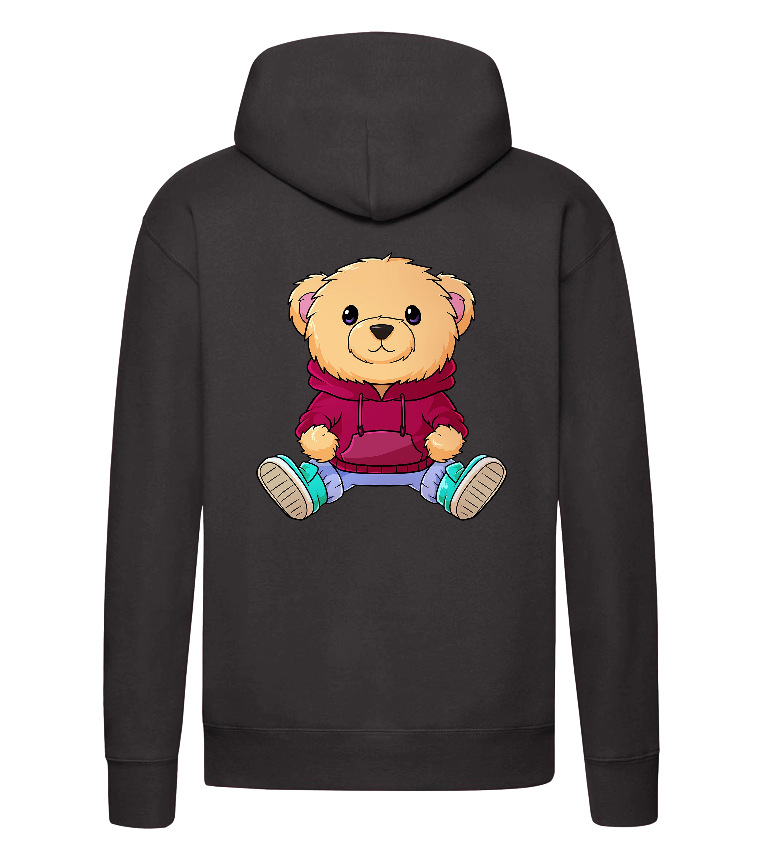 Schwarzer Nuno Hoodie Rückansicht mit großem Bärchen-Print in rotem Pullover – stylisches Motiv für die Community.