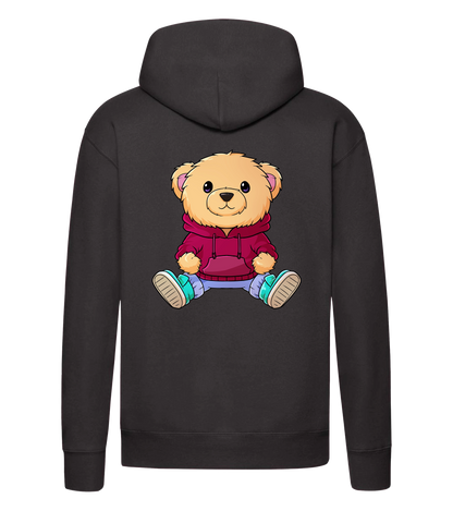 Schwarzer Nuno Hoodie Rückansicht mit großem Bärchen-Print in rotem Pullover – stylisches Motiv für die Community.