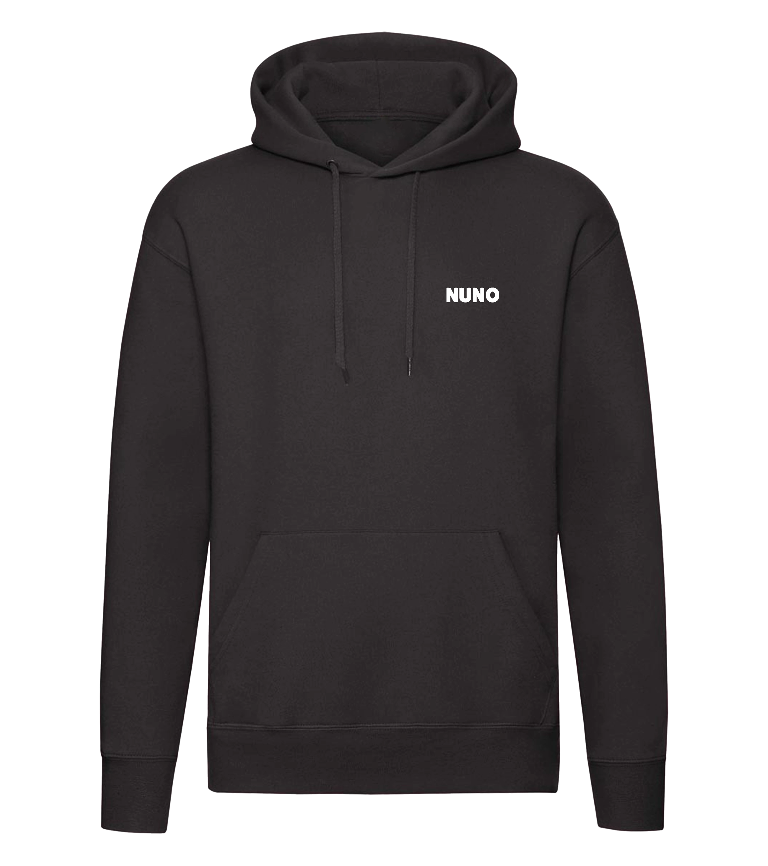 Schwarzer Nuno Hoodie in Frontansicht mit schlichtem Logo-Aufdruck auf der Brust – gemütlich und stylisch für Fans.